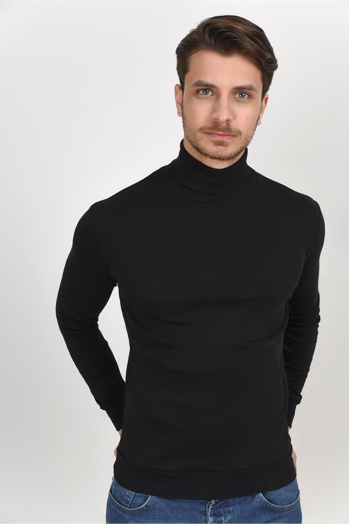 Süperlife Balıkcı Yaka Uzun Kollu Dar Kalıp İnce Erkek Sweatshirt SPR 2019K21