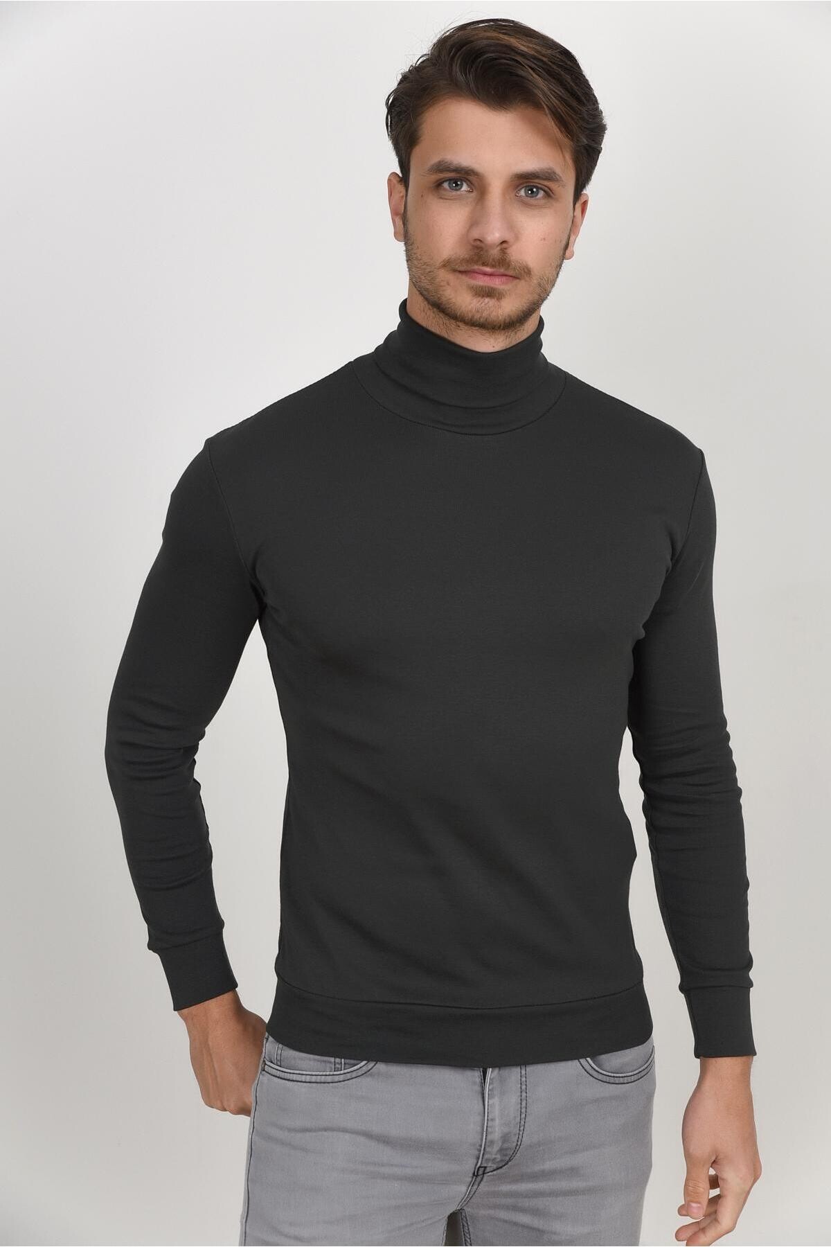 Süperlife Balıkcı Yaka Uzun Kollu Dar Kalıp İnce Erkek Sweatshirt SPR 2019K21