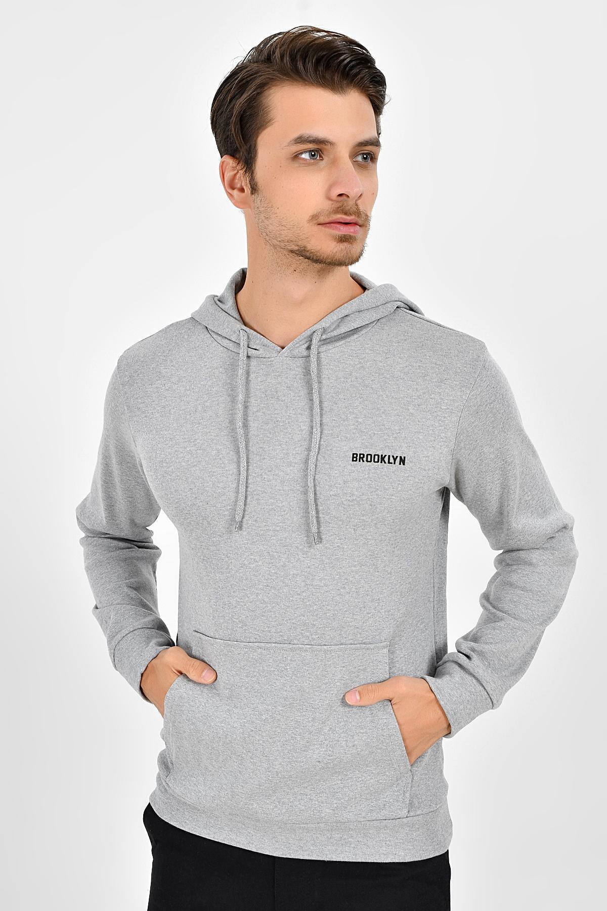 Süperlife Kapşonlu Uzun Kollu Baskılı Dar Kalıp İnce Erkek Sweatshirt 2019K26