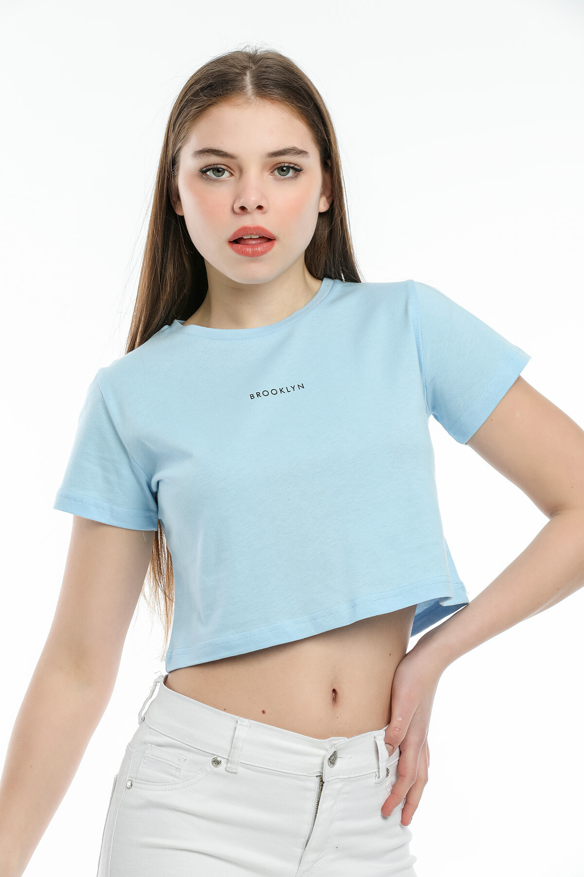 Süperlife Kadın Bisiklet Yaka Slim Fit Brookyn Baskılı Tişort SPR21Y14