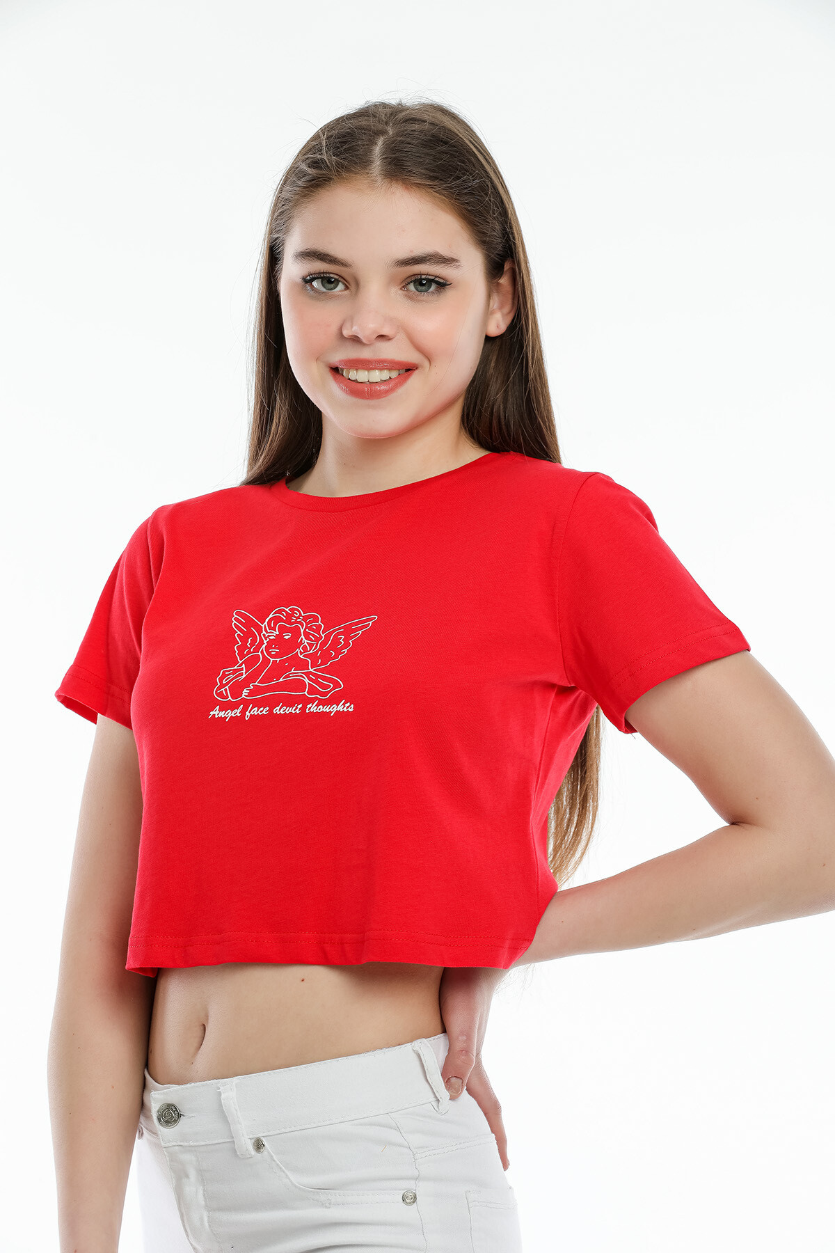 Crop Örme Melek Baskılı Tişort spr21y16
