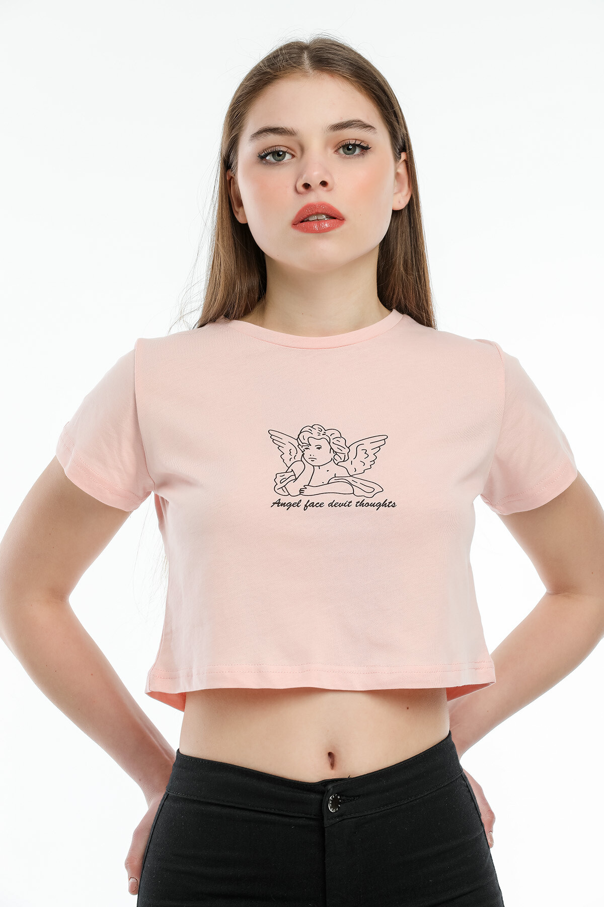 Crop Örme Melek Baskılı Tişort spr21y16