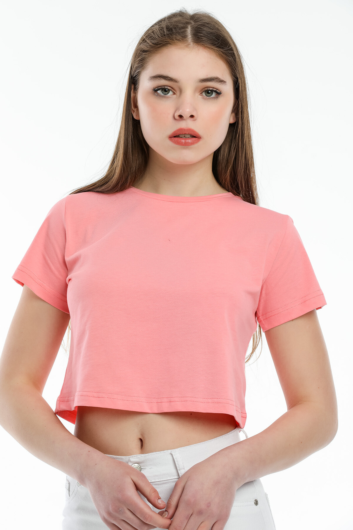 Süperlife Kadın Bisiklet Yaka Crop Örme Slim Fit Tişort SPR21Y13