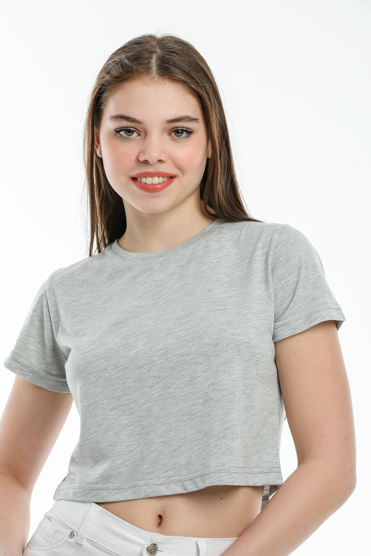 Süperlife Kadın Bisiklet Yaka Crop Örme Slim Fit Tişort SPR21Y13
