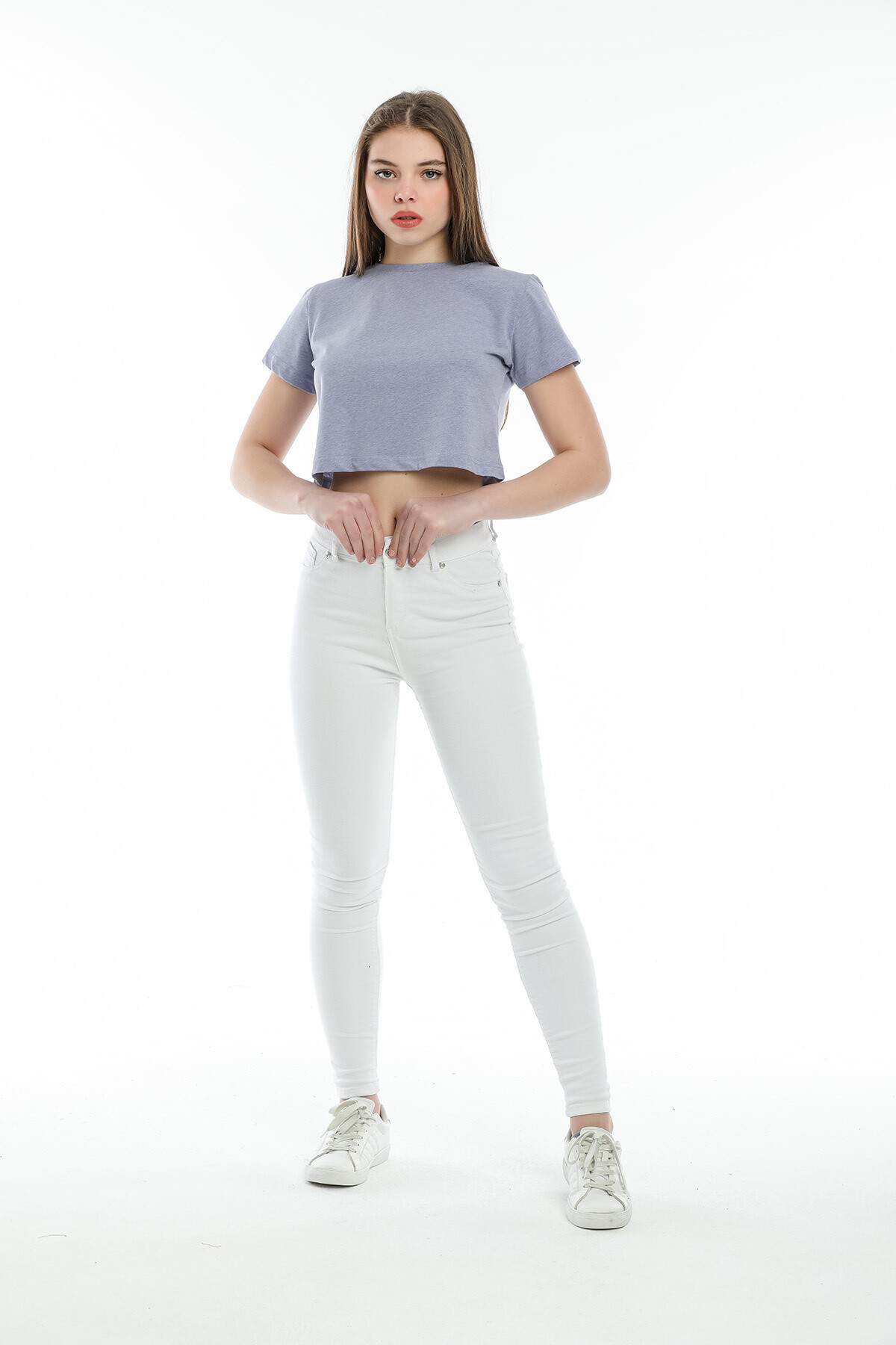 Süperlife Kadın Bisiklet Yaka Crop Örme Slim Fit Tişort SPR21Y13