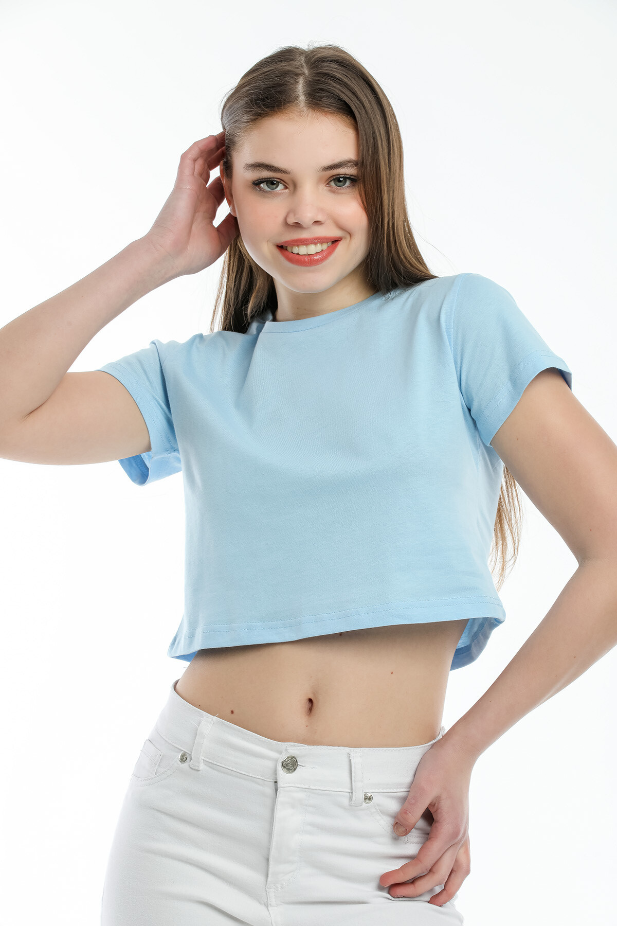 Süperlife Kadın Bisiklet Yaka Crop Örme Slim Fit Tişort SPR21Y13