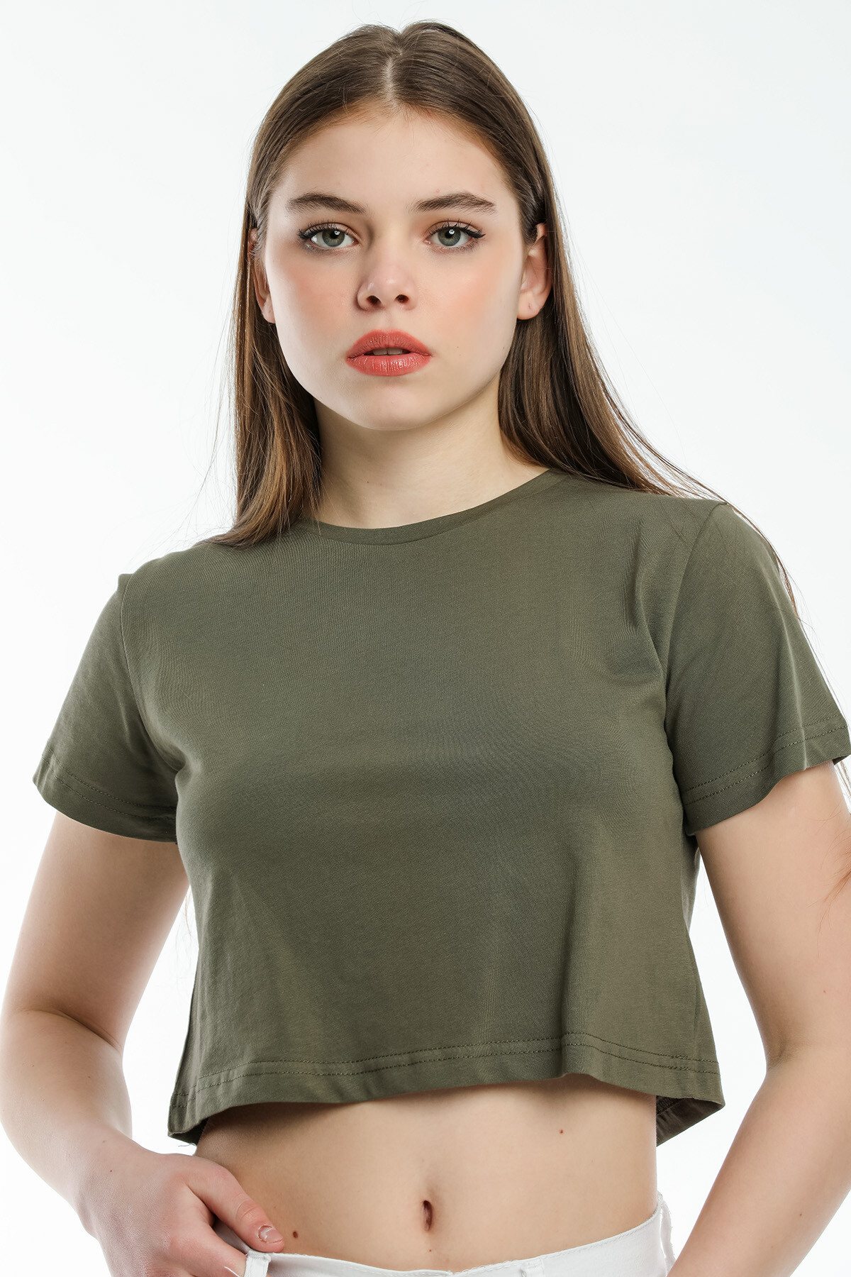 Süperlife Kadın Bisiklet Yaka Crop Örme Slim Fit Tişort SPR21Y13