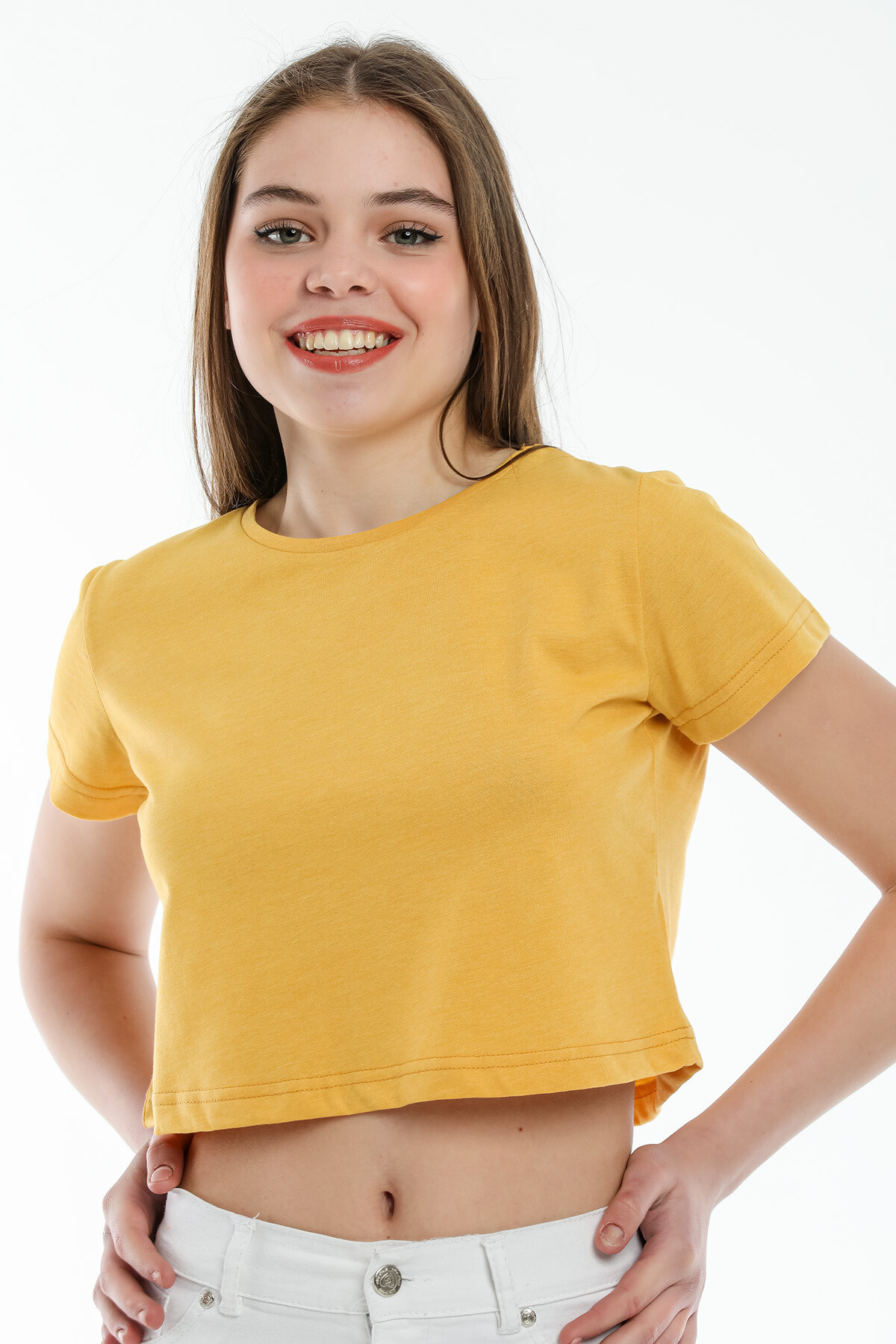 Süperlife Kadın Bisiklet Yaka Crop Örme Slim Fit Tişort SPR21Y13