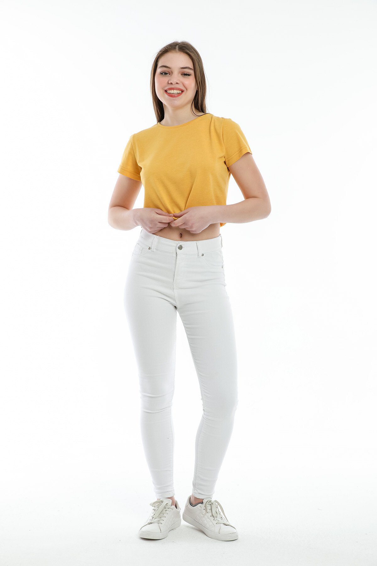 Süperlife Kadın Bisiklet Yaka Crop Örme Slim Fit Tişort SPR21Y13