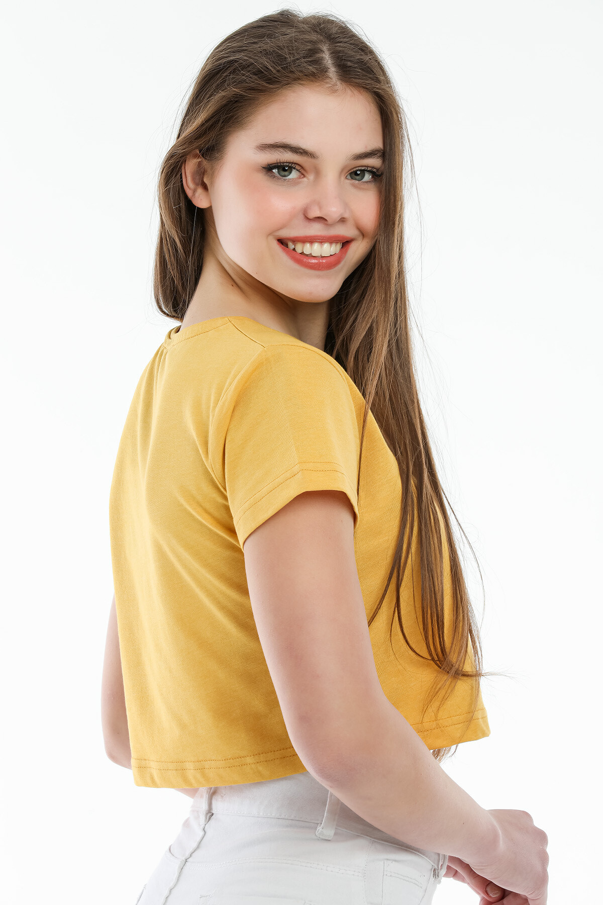 Süperlife Kadın Bisiklet Yaka Crop Örme Slim Fit Tişort SPR21Y13