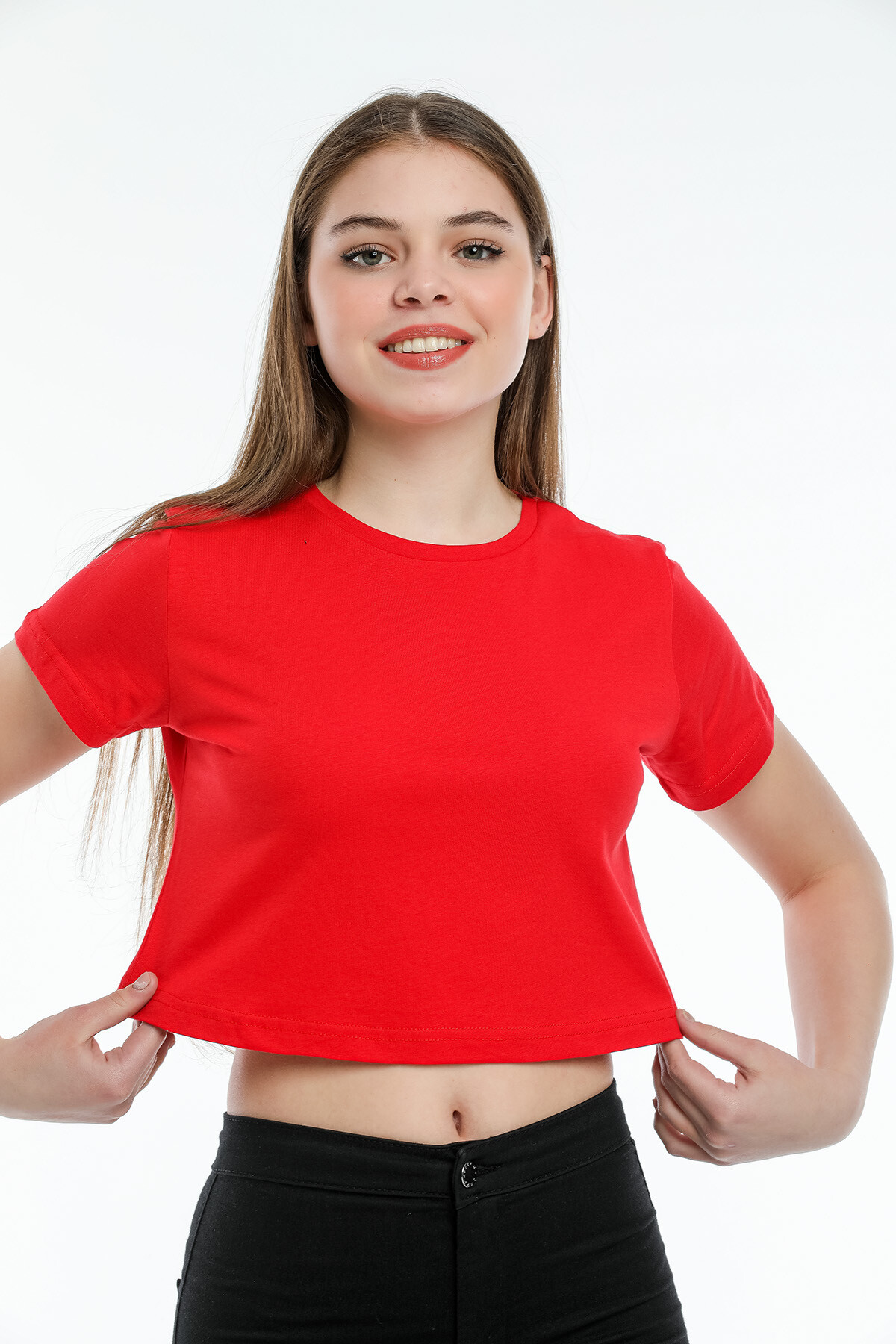 Süperlife Kadın Bisiklet Yaka Crop Örme Slim Fit Tişort SPR21Y13