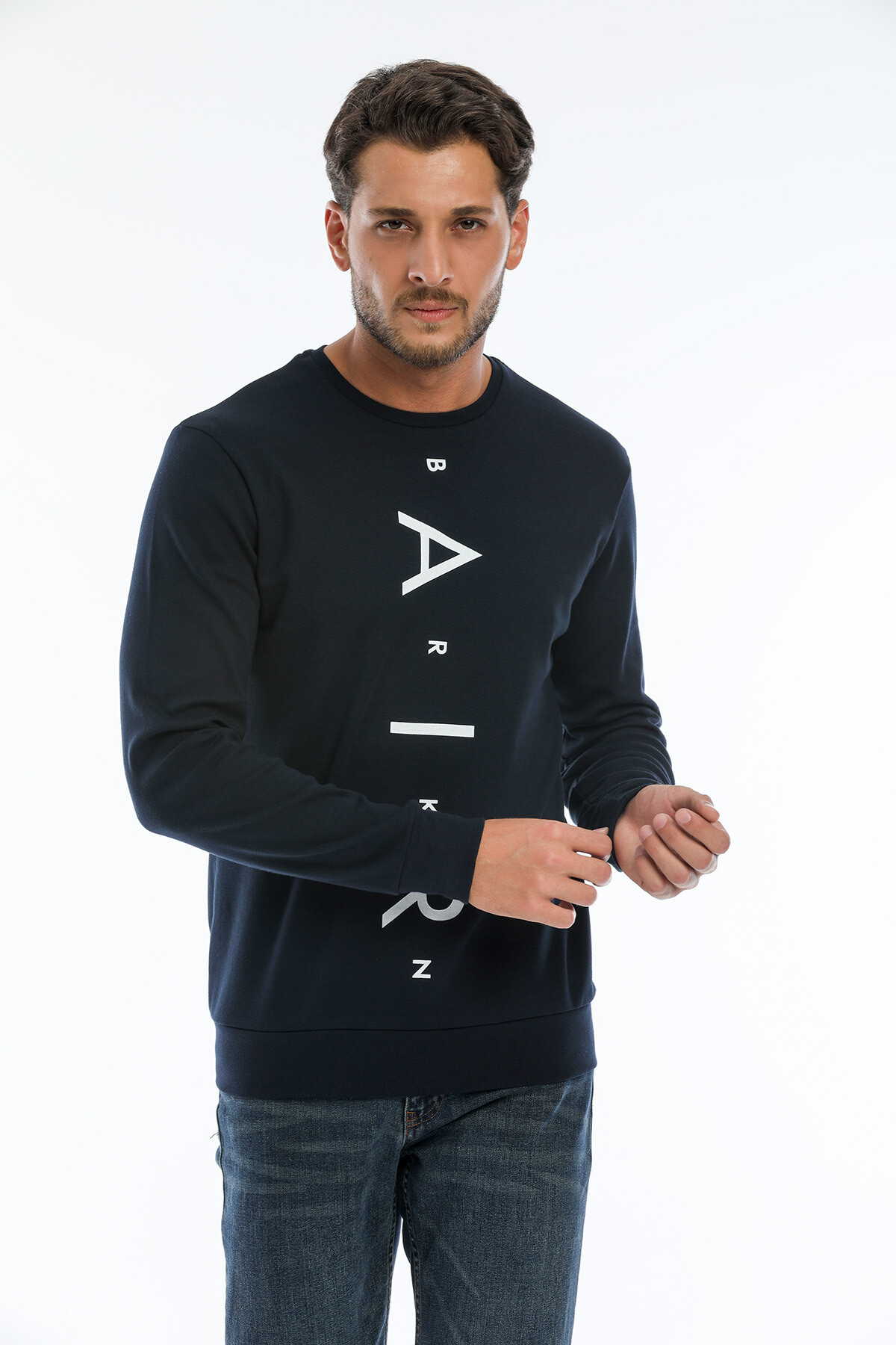 Süperlife Erkek Bisiklet Yaka Slim fit AR Baskılı İnce Sweatshirt SPR22sw101