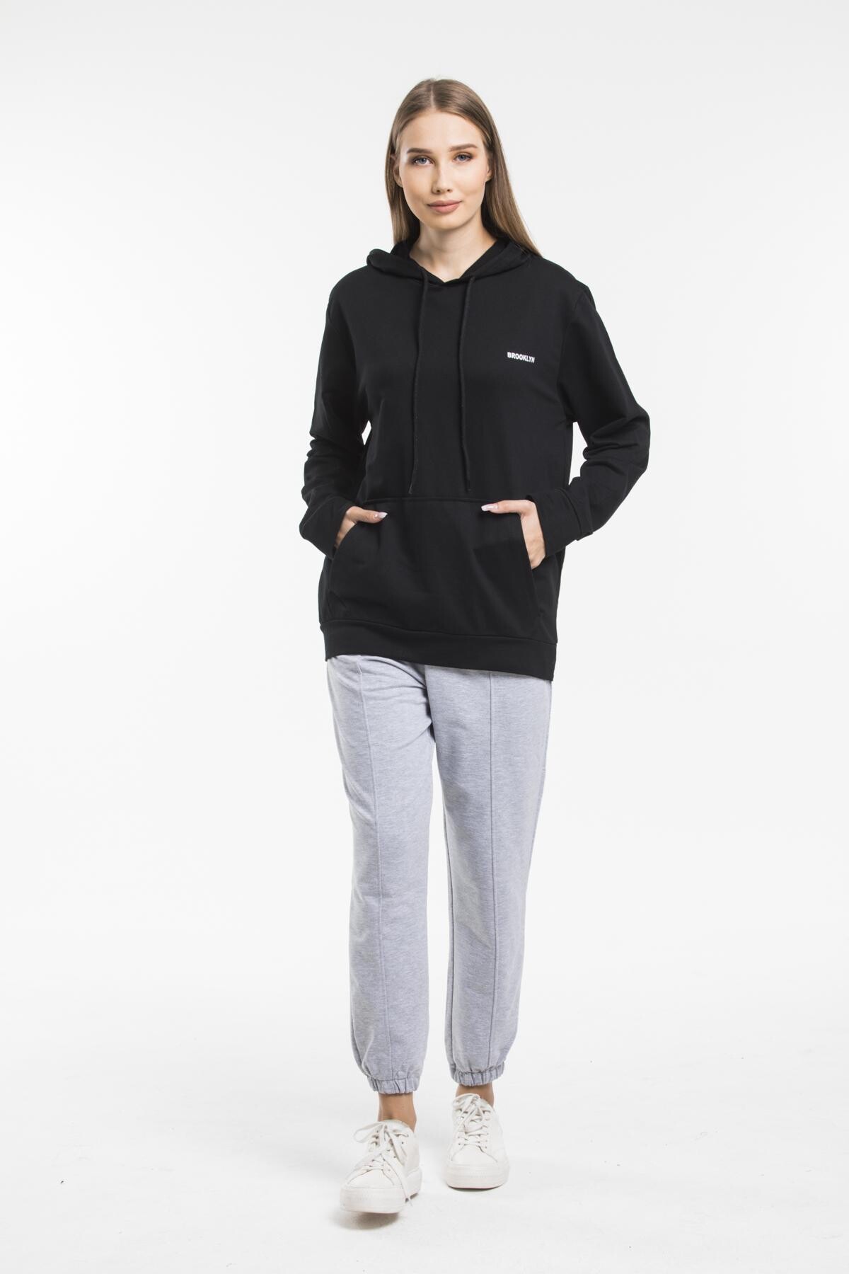Süperlife Kadın Kapşonlu Regular Fit Baskılı İnce Sweatshirt SPR21K61