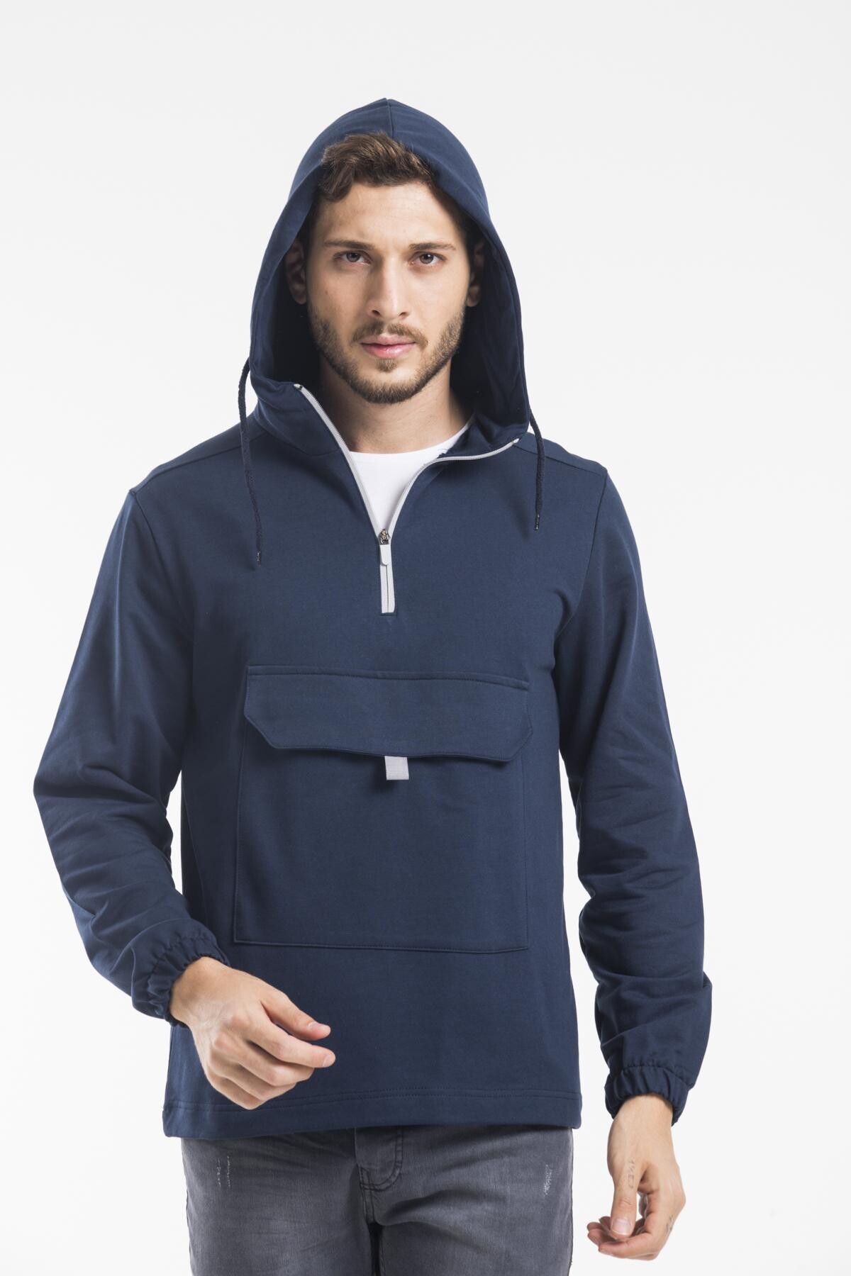 Süperlife Erkek Kapşonlu Yarım Fermuarlı İnce Sweatshirt SPR 20K52