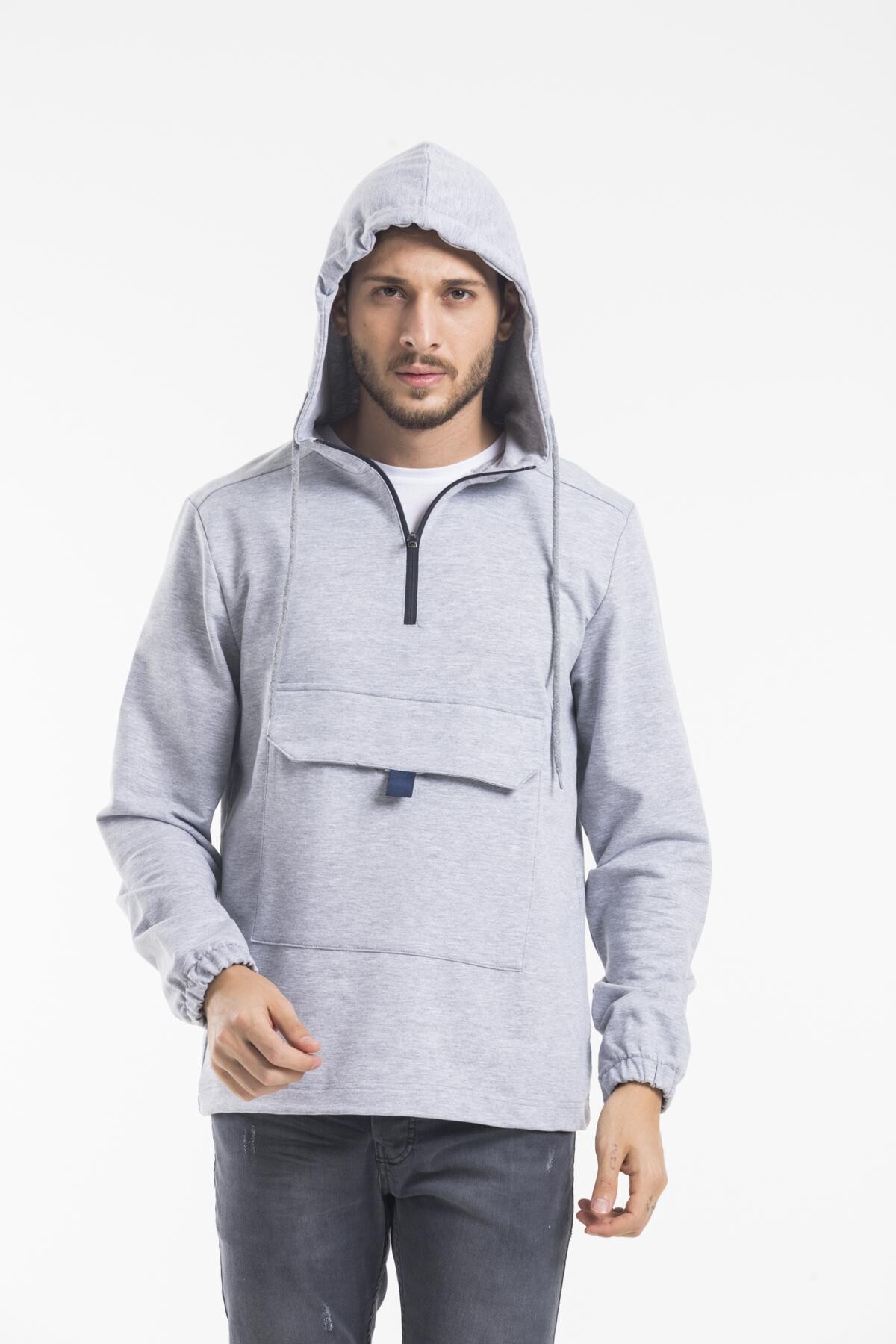 Süperlife Erkek Kapşonlu Yarım Fermuarlı İnce Sweatshirt SPR 20K52