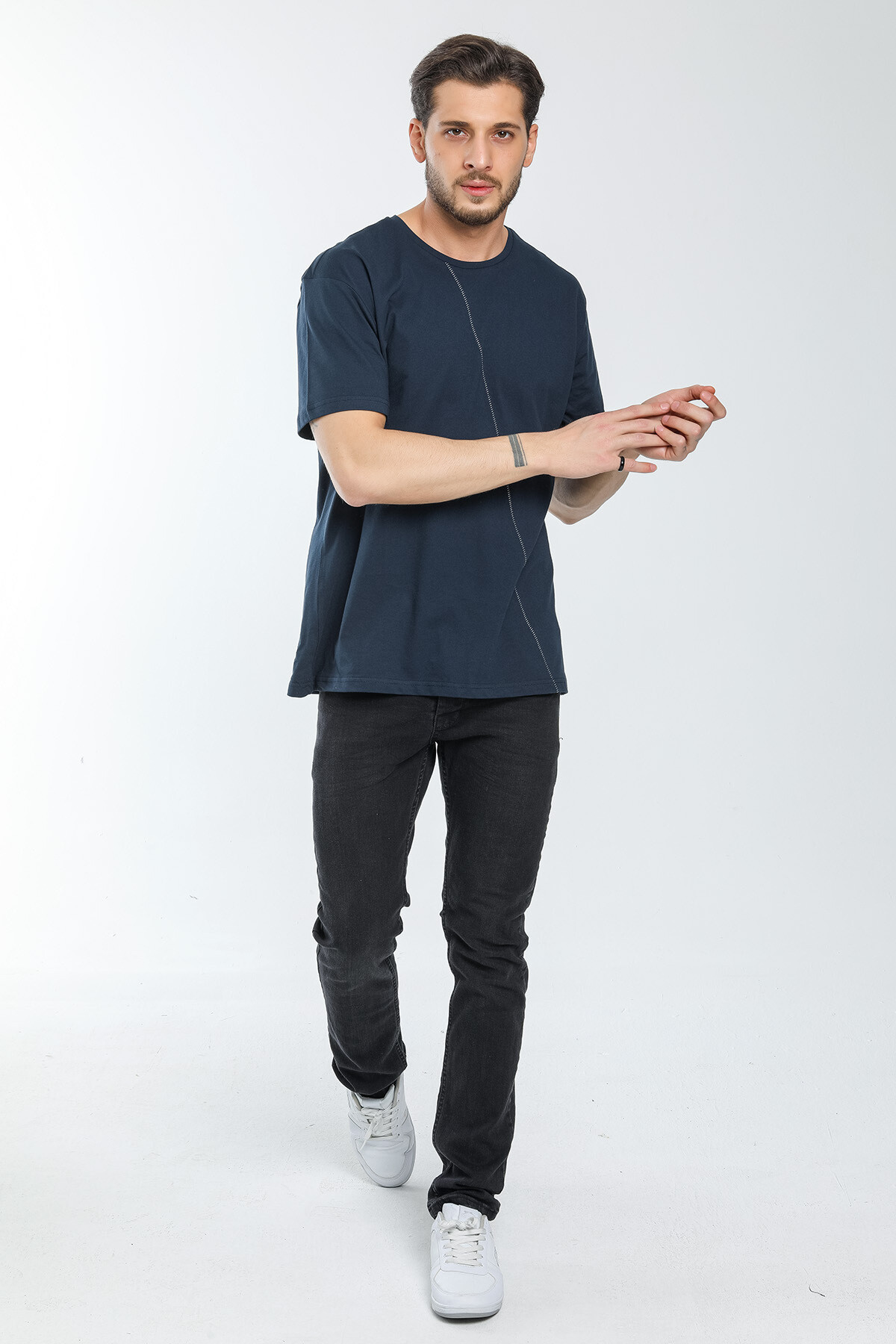 Süperlife Erkek Bisiklet Yaka Slim Fit Ön Çöp Dikiş Garni  Tişort SPR21Y01