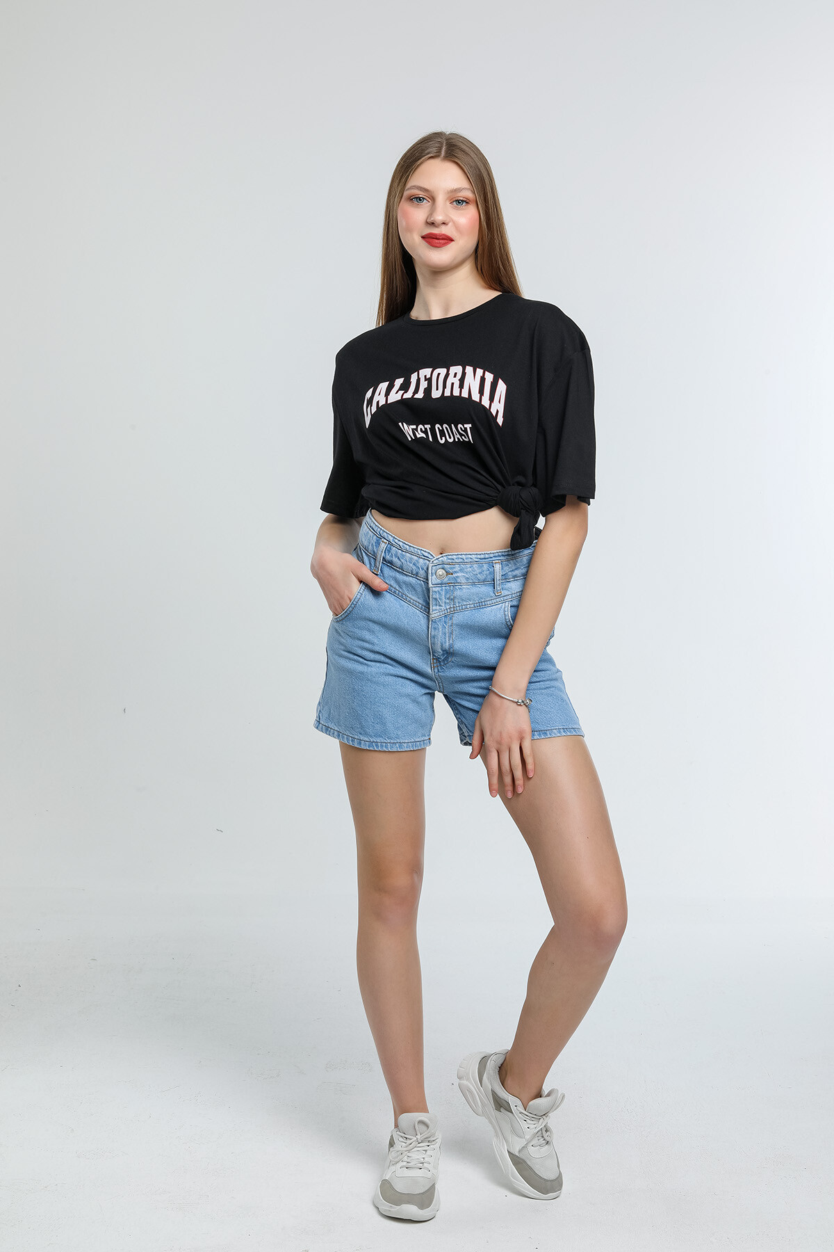 Süperlife Kadın Bisiklet Yaka Regular Fit Californıa Baskılı Tişort SPR21YK22