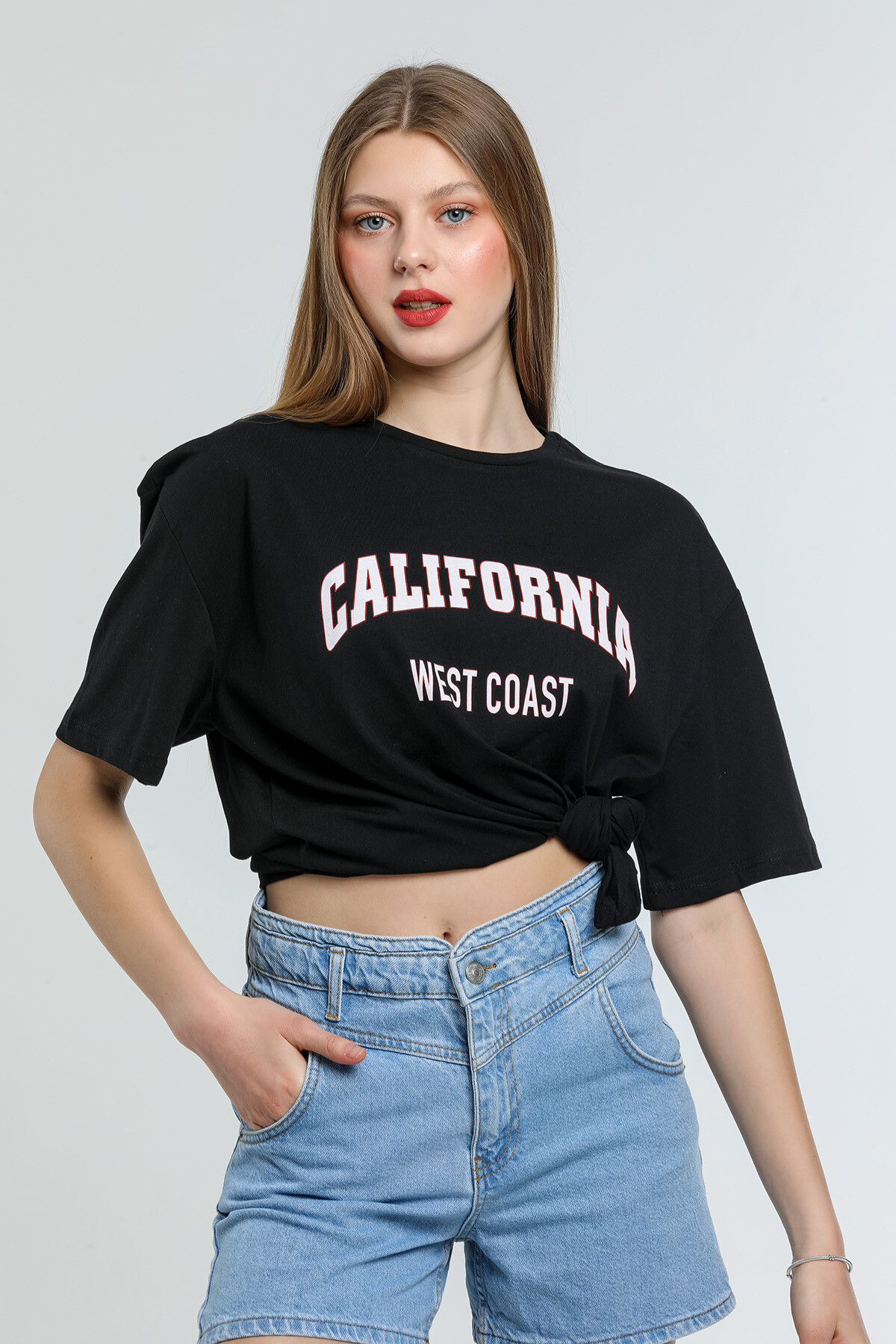 Süperlife Kadın Bisiklet Yaka Regular Fit Californıa Baskılı Tişort SPR21YK22