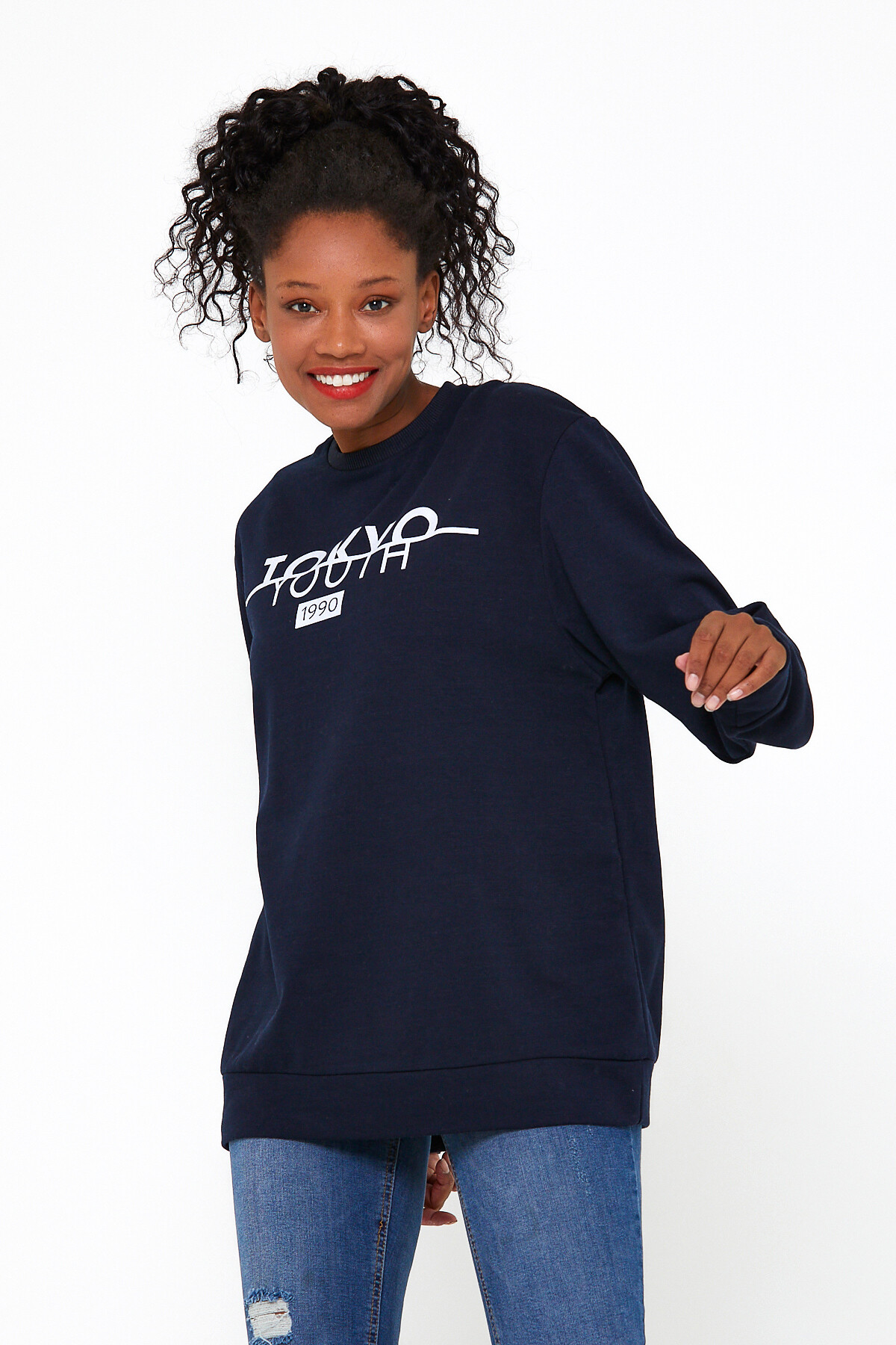 Süperlife Kadın Bisiklet Yaka Regular Fit Tokya Baskılı İnce Sweatshirt SPR22SWK134
