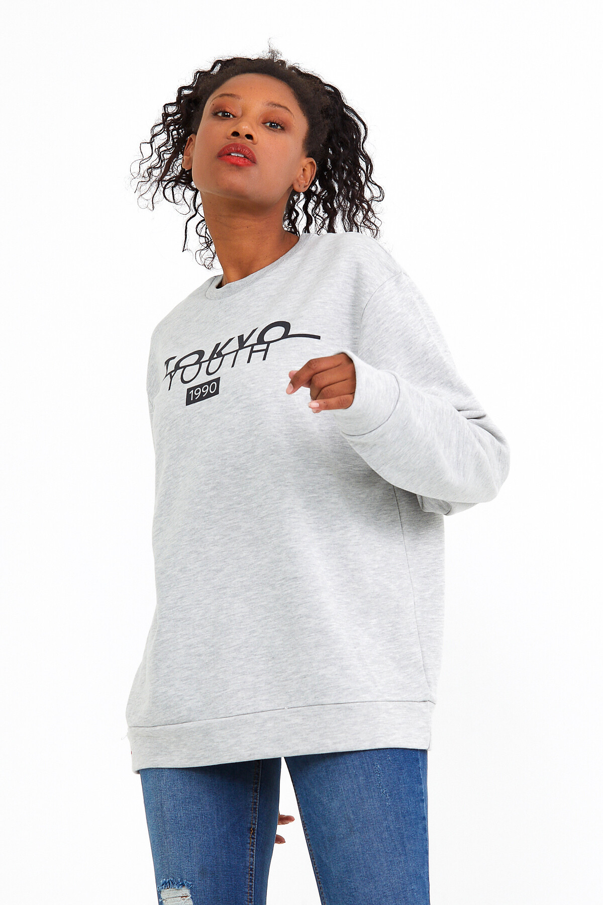 Süperlife Kadın Bisiklet Yaka Regular Fit Tokya Baskılı İnce Sweatshirt SPR22SWK134