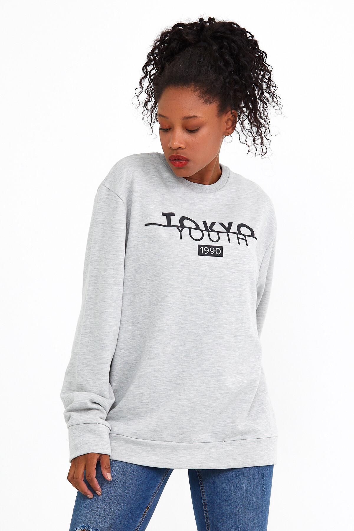 Süperlife Kadın Bisiklet Yaka Regular Fit Tokya Baskılı İnce Sweatshirt SPR22SWK134