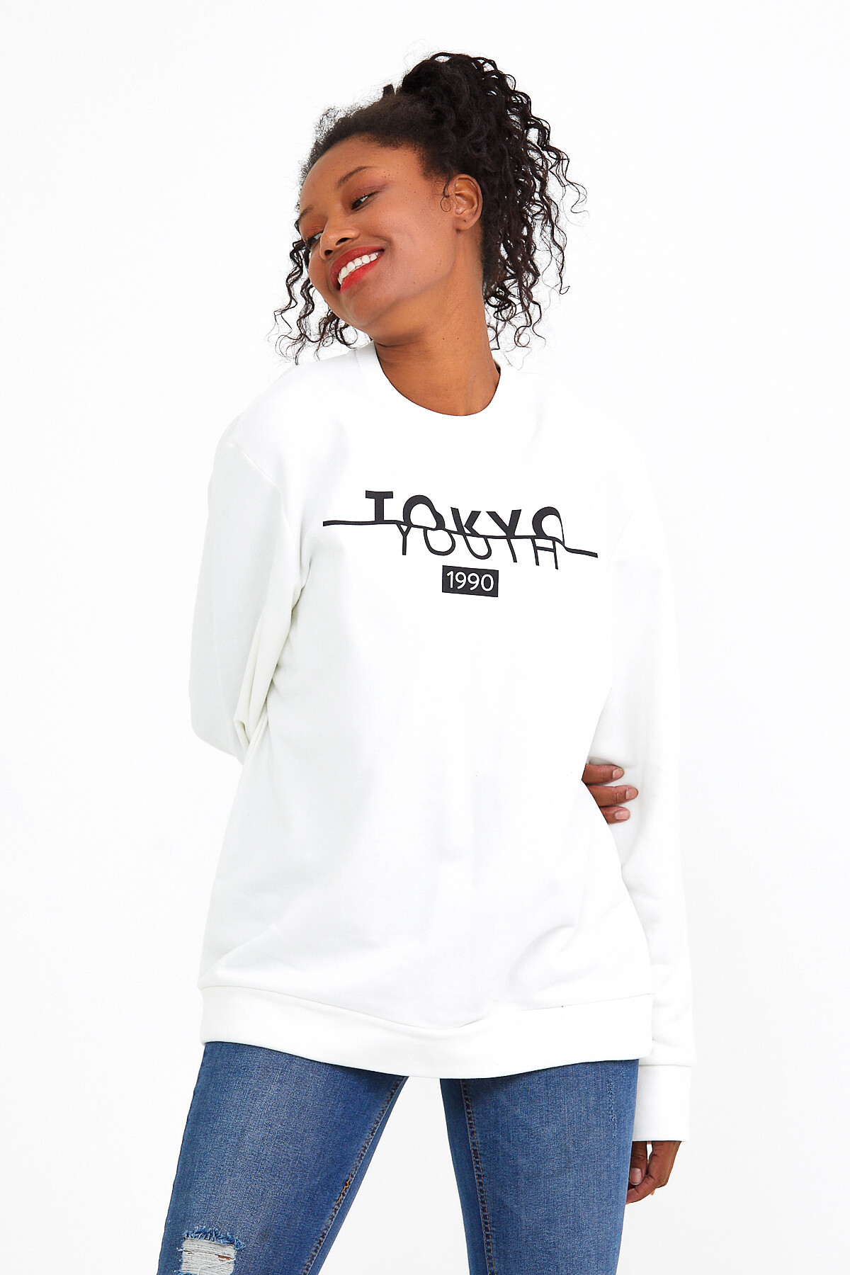 Süperlife Kadın Bisiklet Yaka Regular Fit Tokya Baskılı İnce Sweatshirt SPR22SWK134
