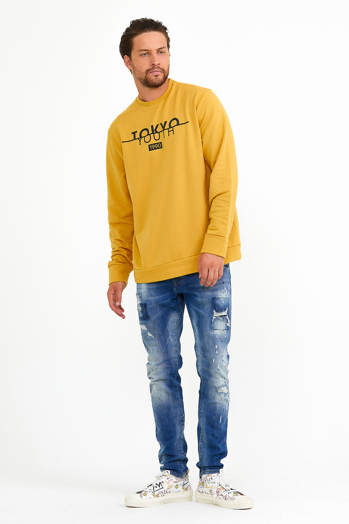 Süperlife Erkek Bisiklet Yaka Regular Fit Tokyo Basklı İnce Sweatshirt spr22sw134