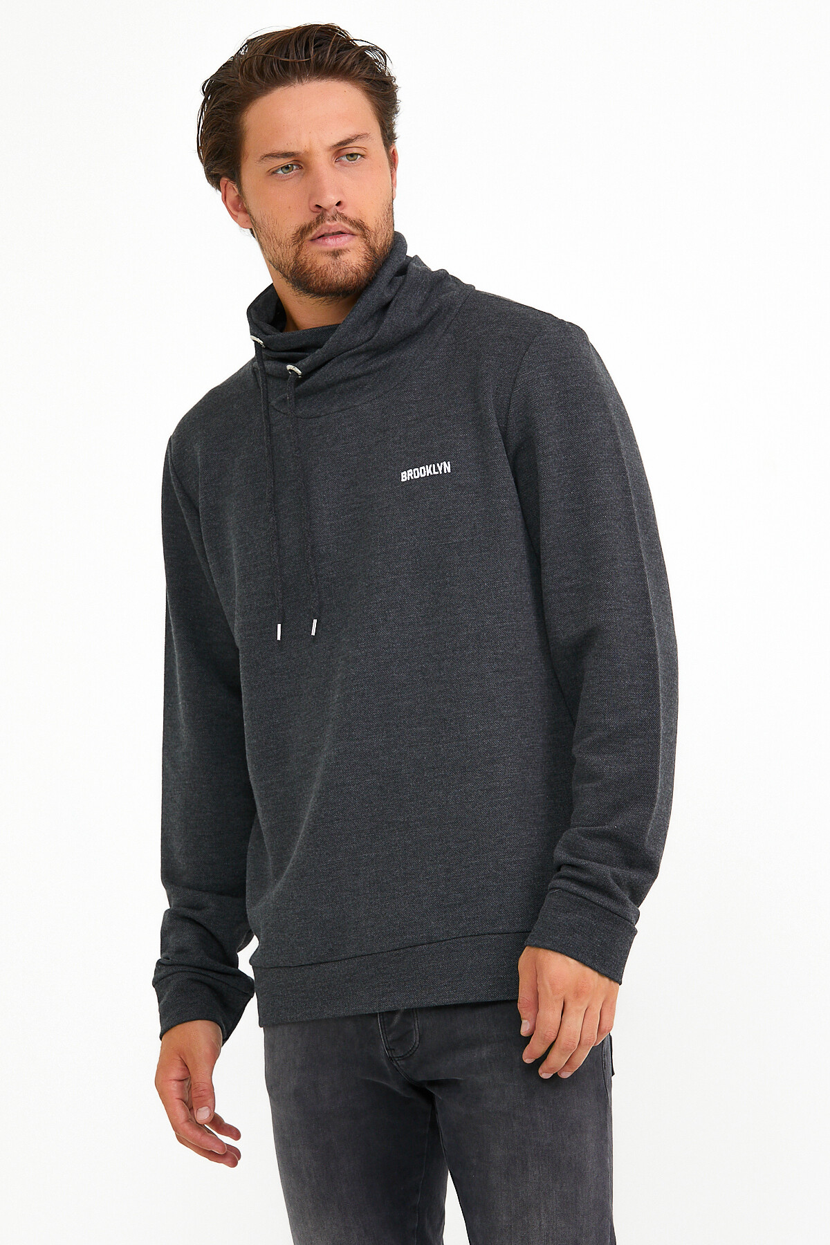 Süperlife Erkek Şal Yaka Regular Fit Brooklyn Baskılı İnce Sweatshirt SPR22SW143