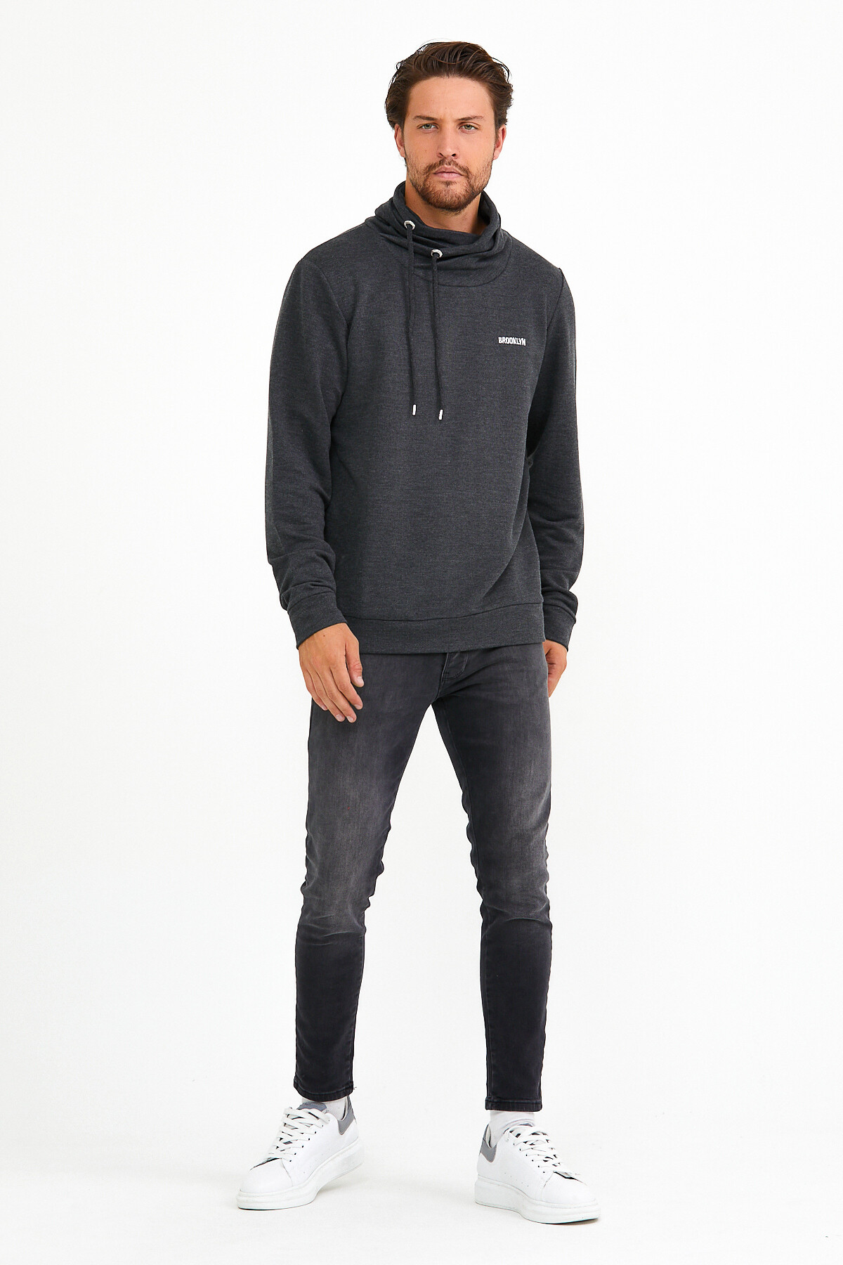 Süperlife Erkek Şal Yaka Regular Fit Brooklyn Baskılı İnce Sweatshirt SPR22SW143