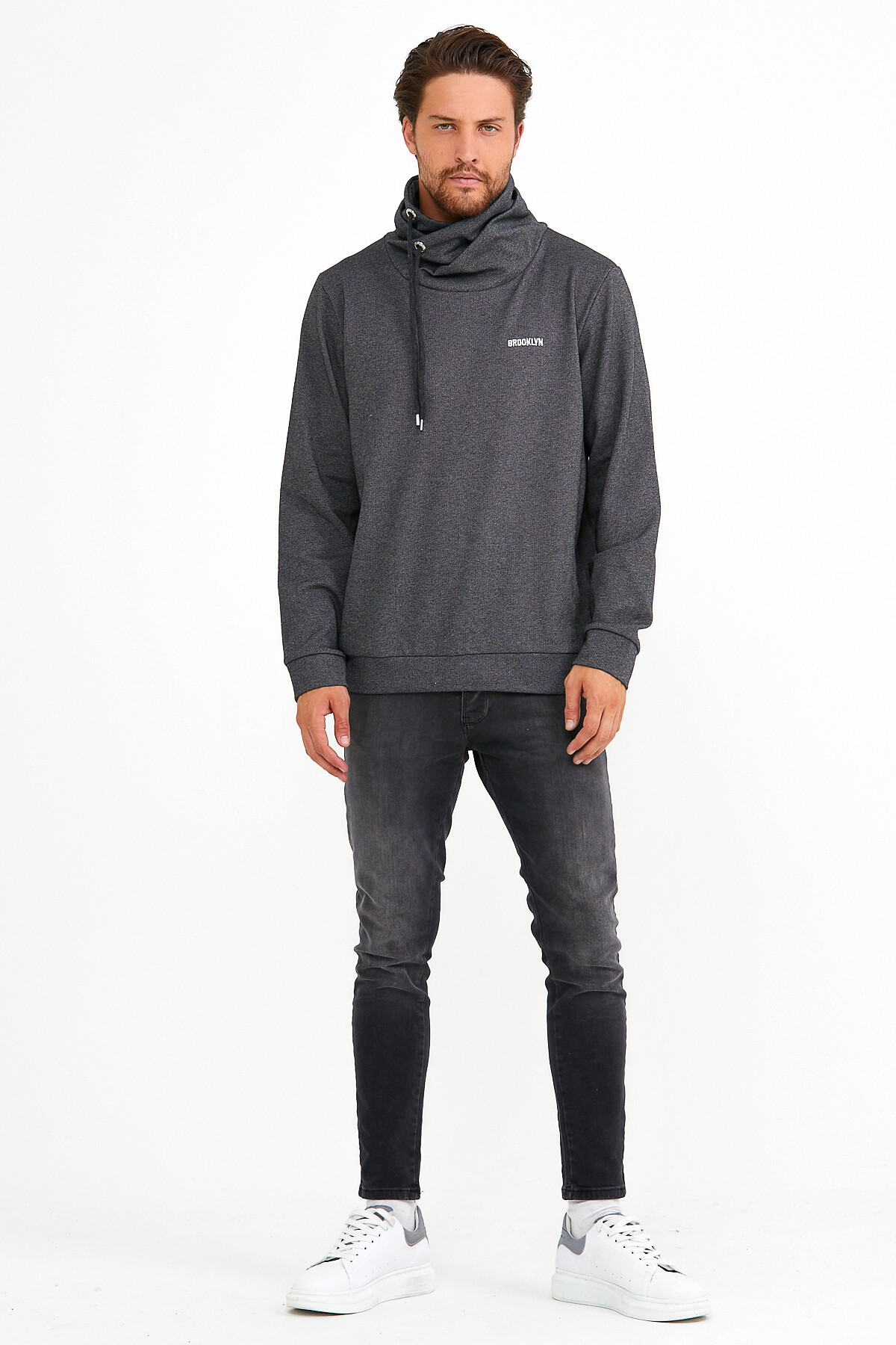 Süperlife Erkek Şal Yaka Regular Fit Brooklyn Baskılı İnce Sweatshirt SPR22SW143
