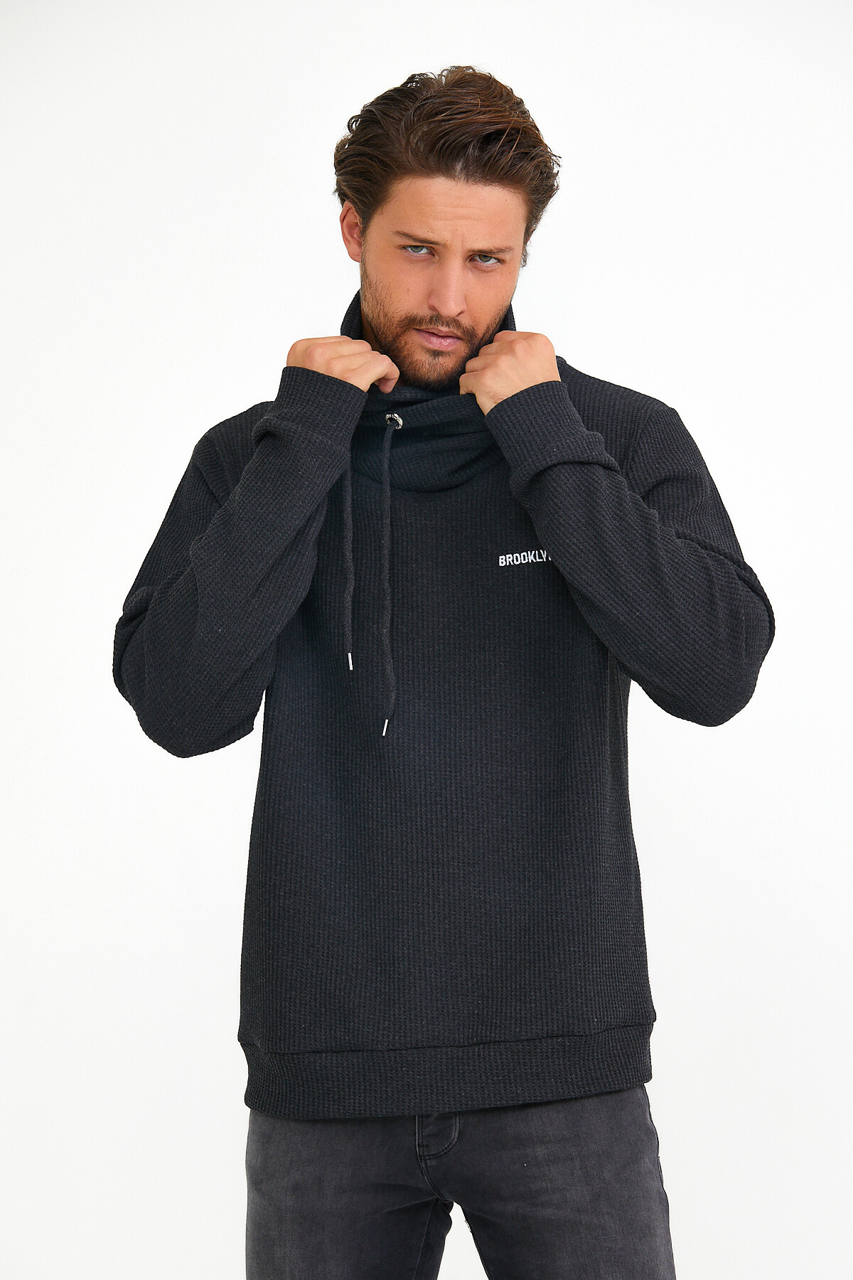 Süperlife Erkek Şal Yaka Regular Fit Brooklyn Baskılı İnce Sweatshirt SPR22SW143