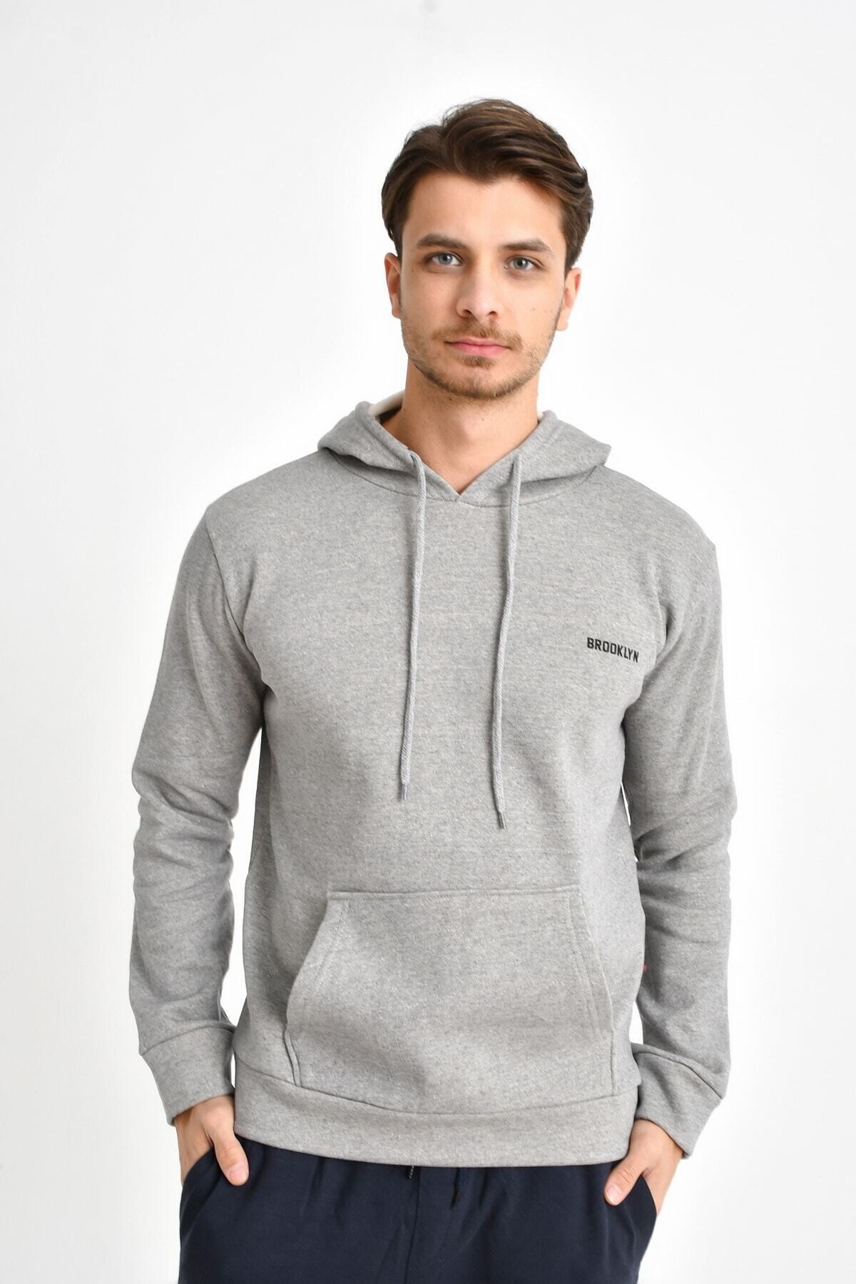 Süperlife Kapşonlu Uzun Kollu Baskılı Dar Kalıp İnce Erkek Sweatshirt SPR 2019K61