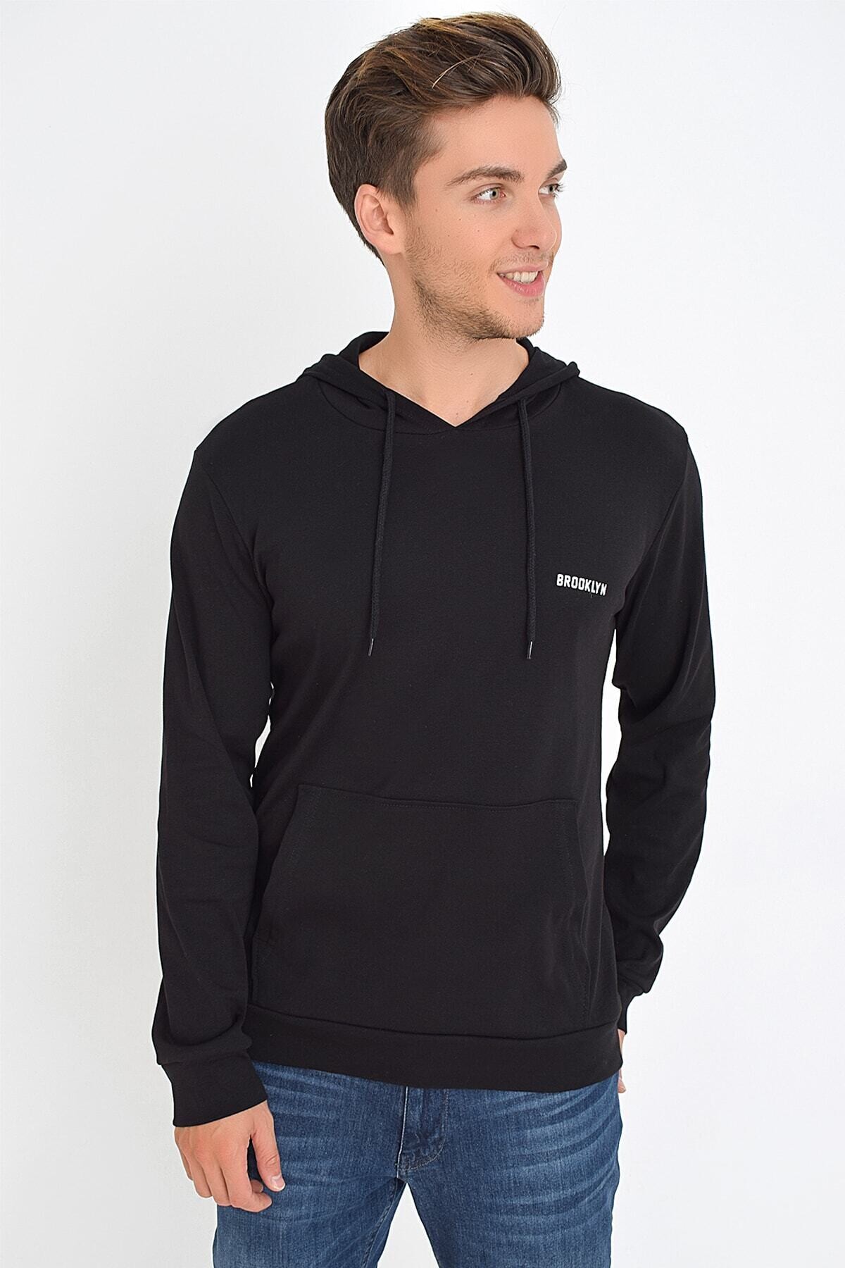 Süperlife Kapşonlu Uzun Kollu Baskılı Dar Kalıp İnce Erkek Sweatshirt 2019K26