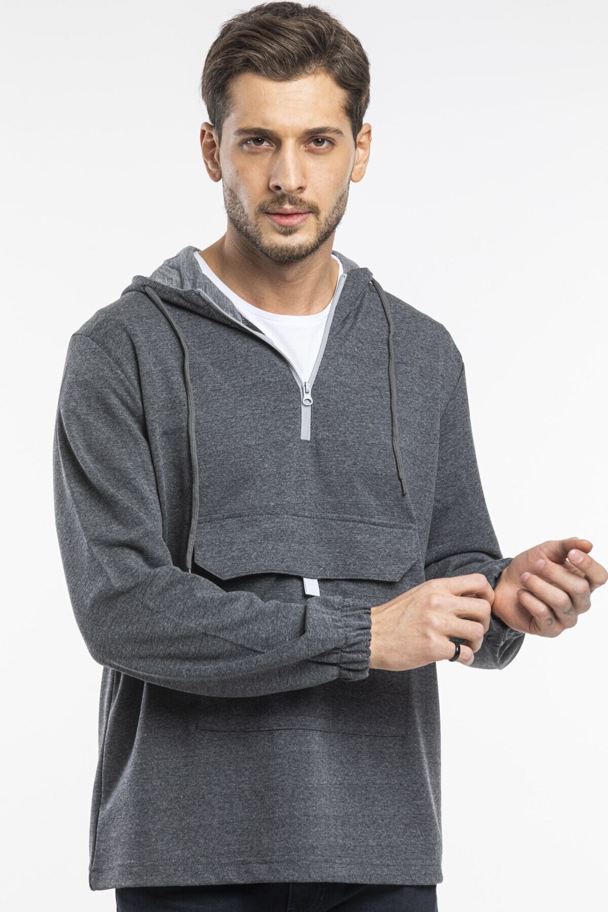 Süperlife Erkek Kapşonlu Yarım Fermuarlı İnce Sweatshirt SPR 20K52