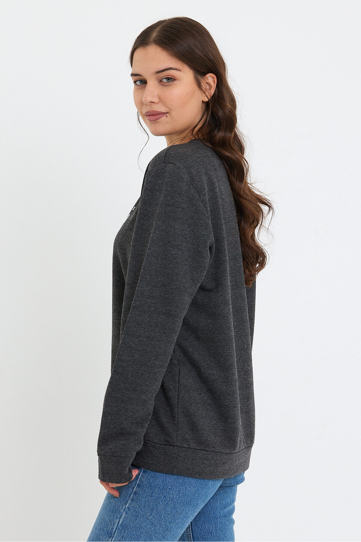 Süperlife Kadın Bisiklet Yaka Oversize Fit Brooklyn Baskılı İnce Sweatshirt SPR23SWK330