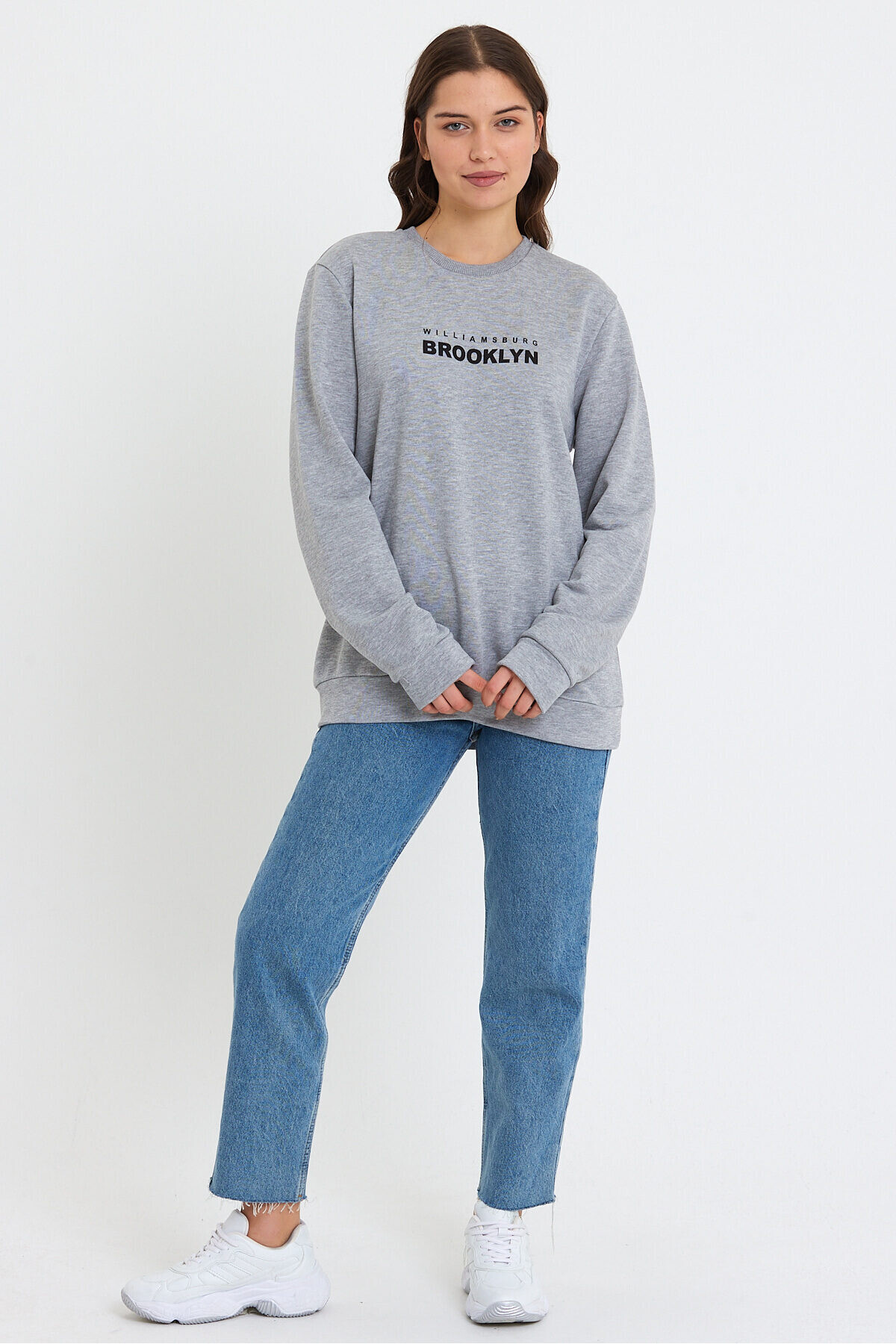 Süperlife Kadın Bisiklet Yaka Oversize Fit Brooklyn Baskılı İnce Sweatshirt SPR23SWK330