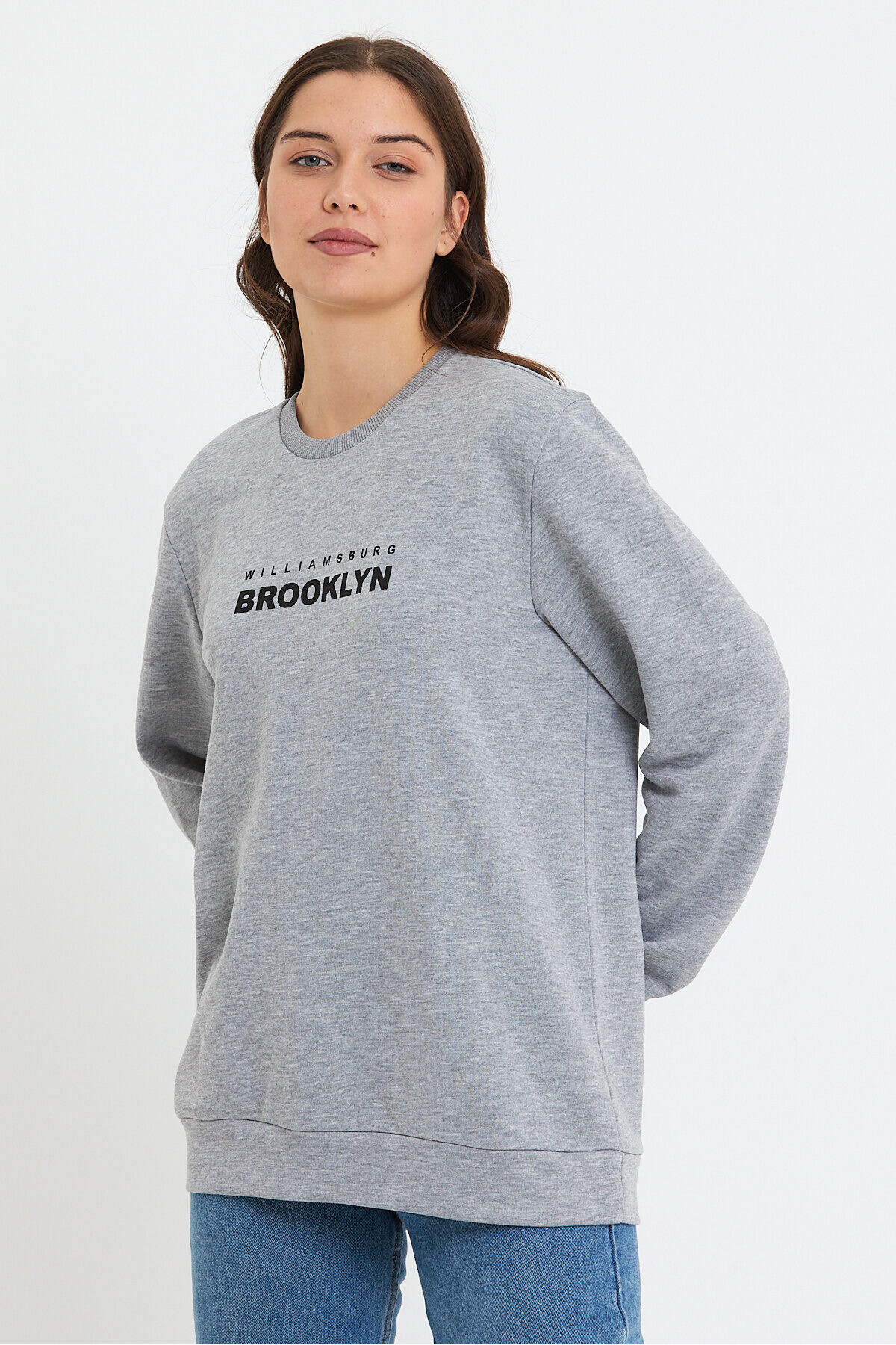 Süperlife Kadın Bisiklet Yaka Oversize Fit Brooklyn Baskılı İnce Sweatshirt SPR23SWK330