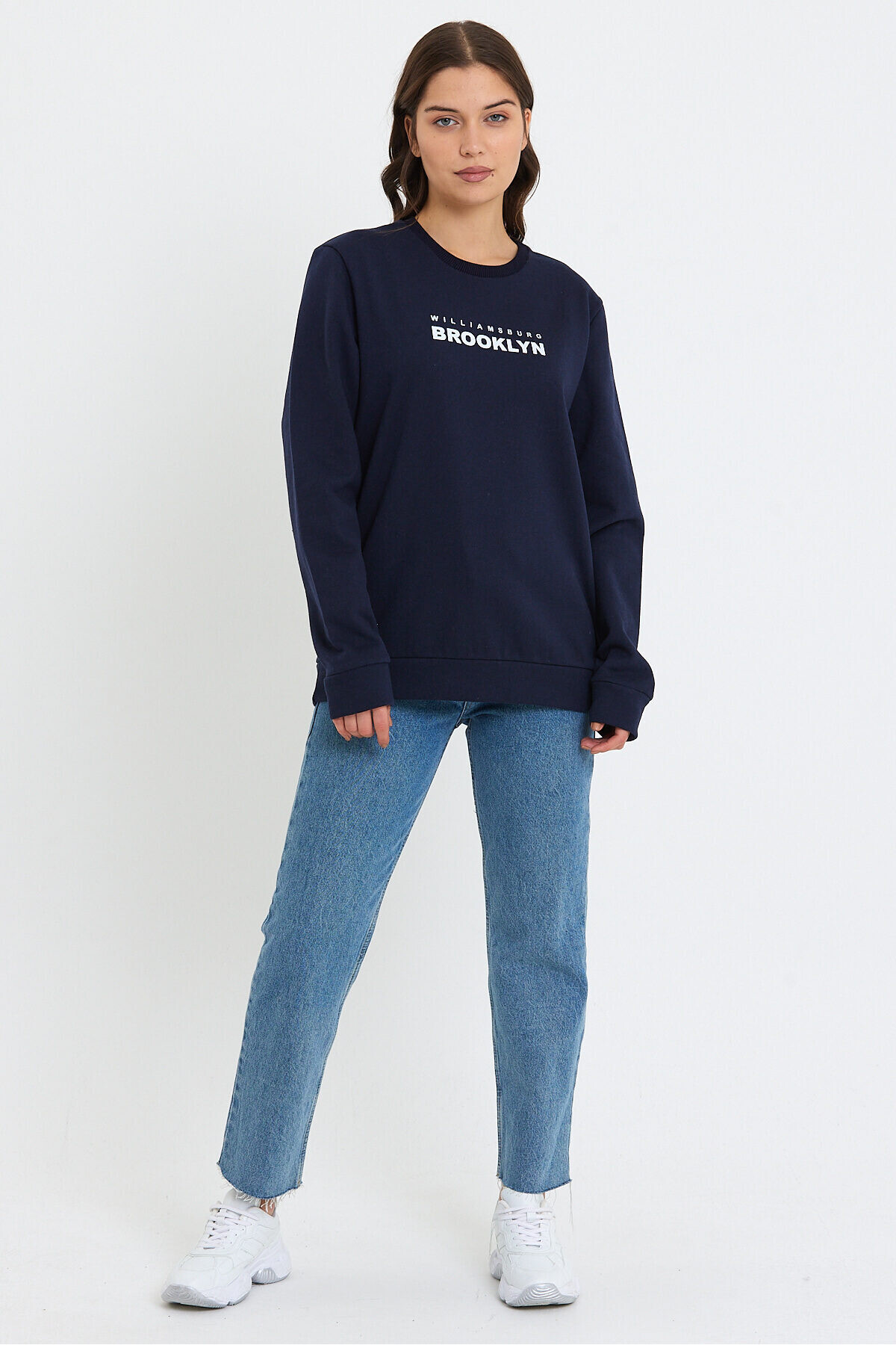 Süperlife Kadın Bisiklet Yaka Oversize Fit Brooklyn Baskılı İnce Sweatshirt SPR23SWK330