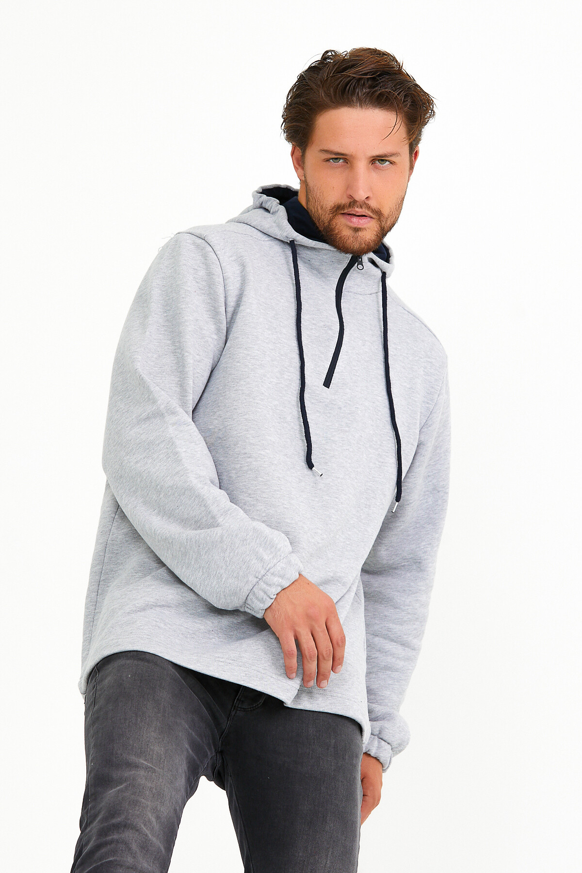 Süperlife Erkek Kapşonlu Regular Fit Yarım Fermuarlı İnce Sweatshirt SPR22SW170