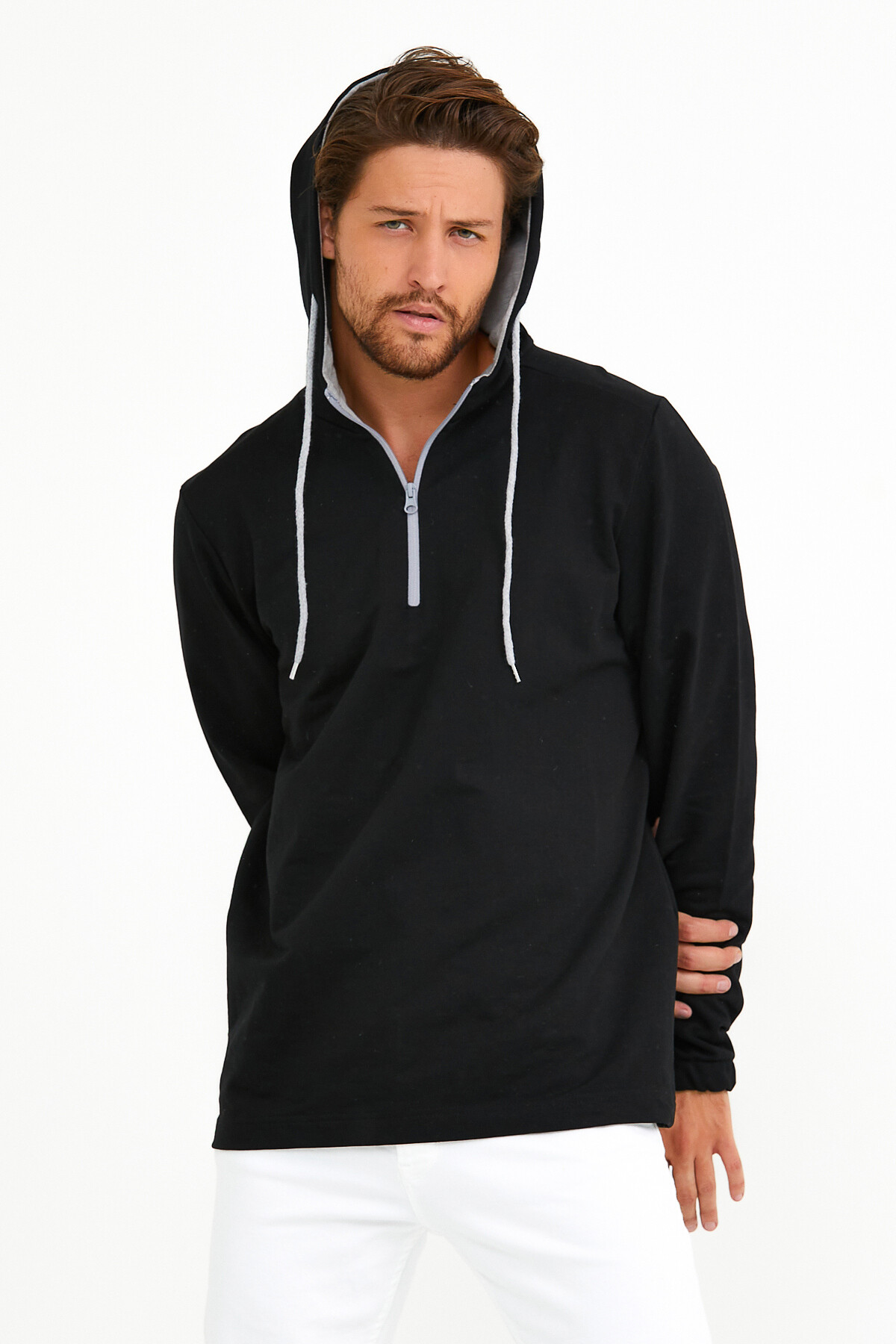 Süperlife Erkek Kapşonlu Regular Fit Yarım Fermuarlı İnce Sweatshirt SPR22SW170