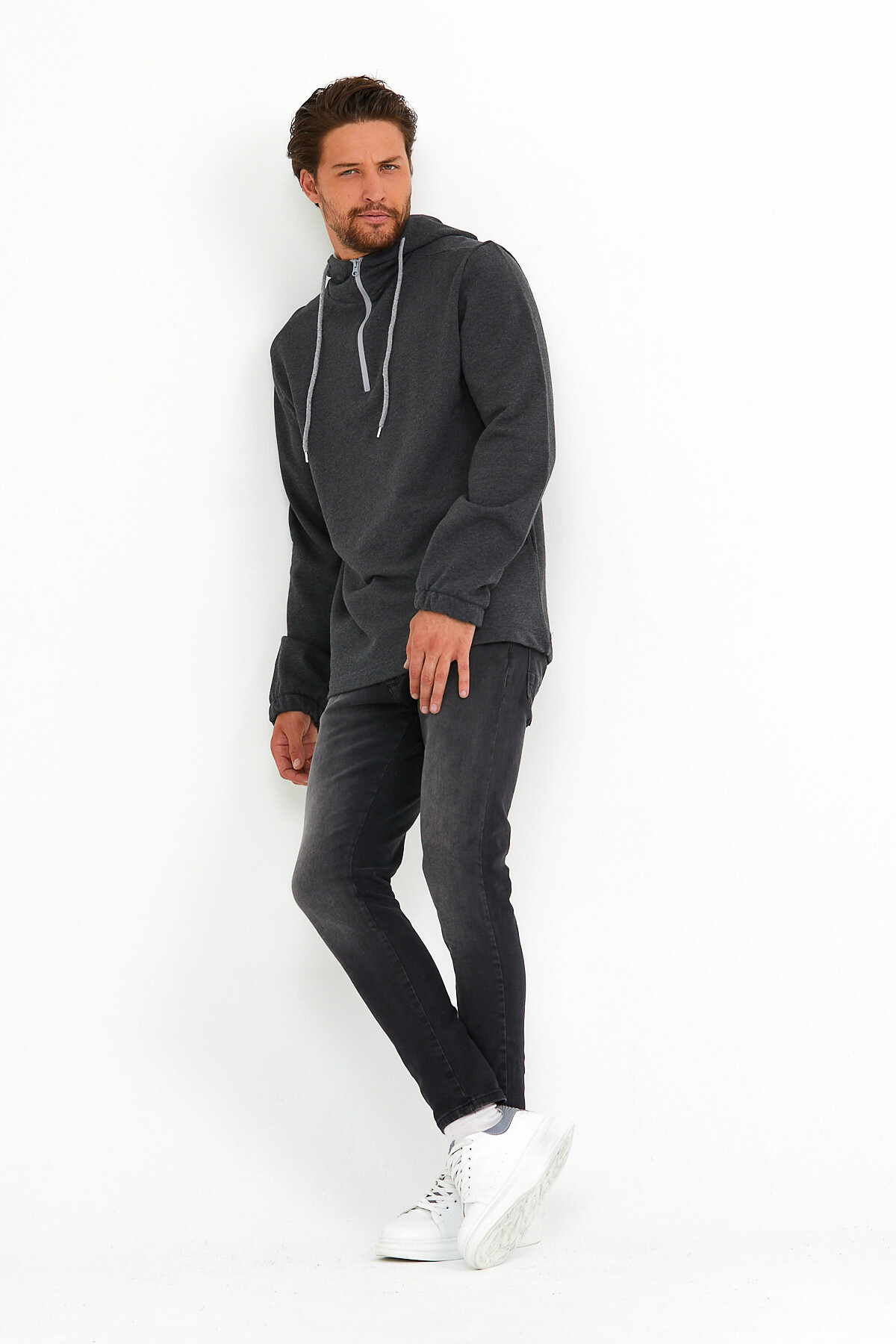 Süperlife Erkek Kapşonlu Regular Fit Yarım Fermuarlı İnce Sweatshirt SPR22SW170