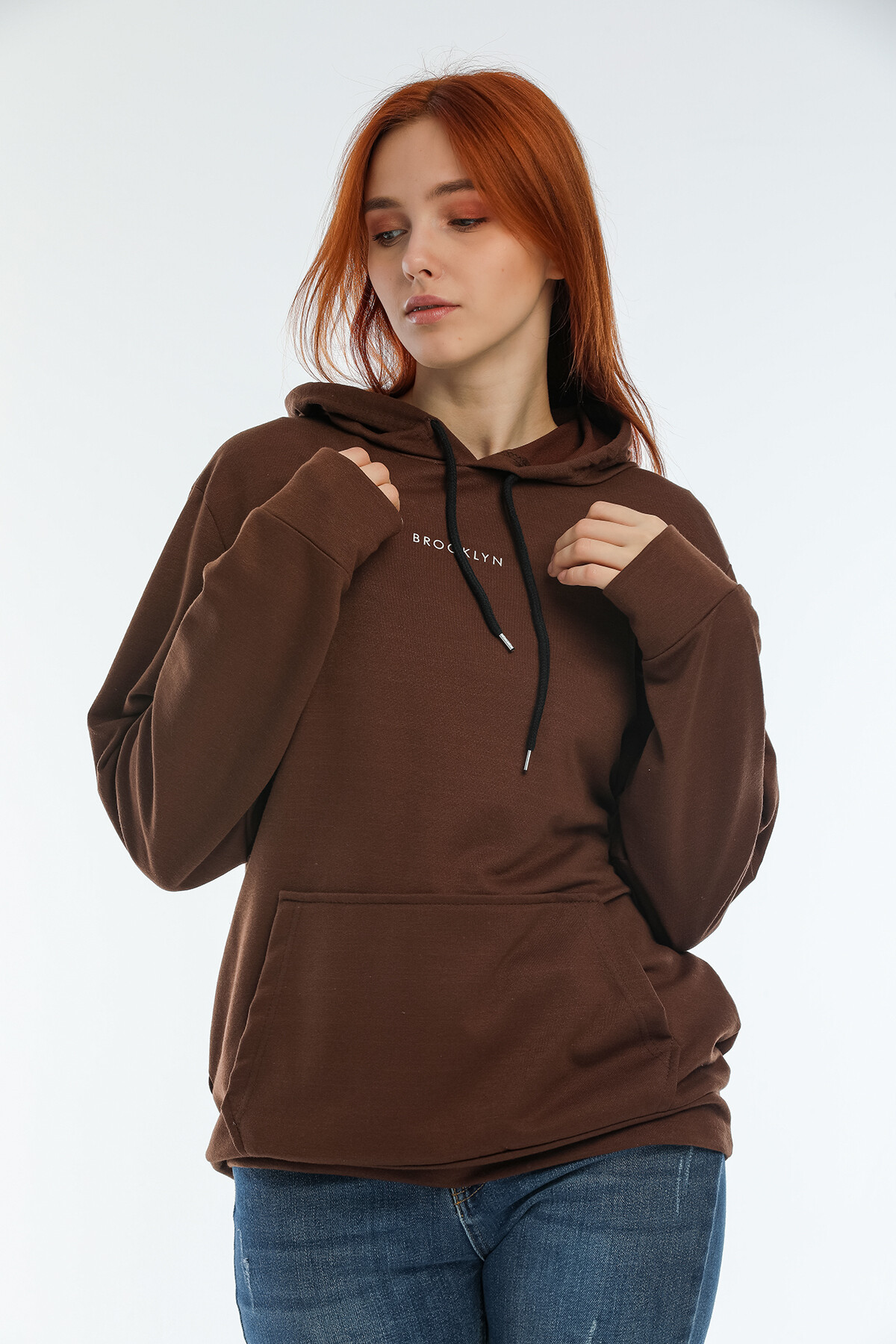 Süperlife Kadın Kapüşonlu Oversize Brooklyn Baskılı İnce Sweatshirt SPR22SWK161