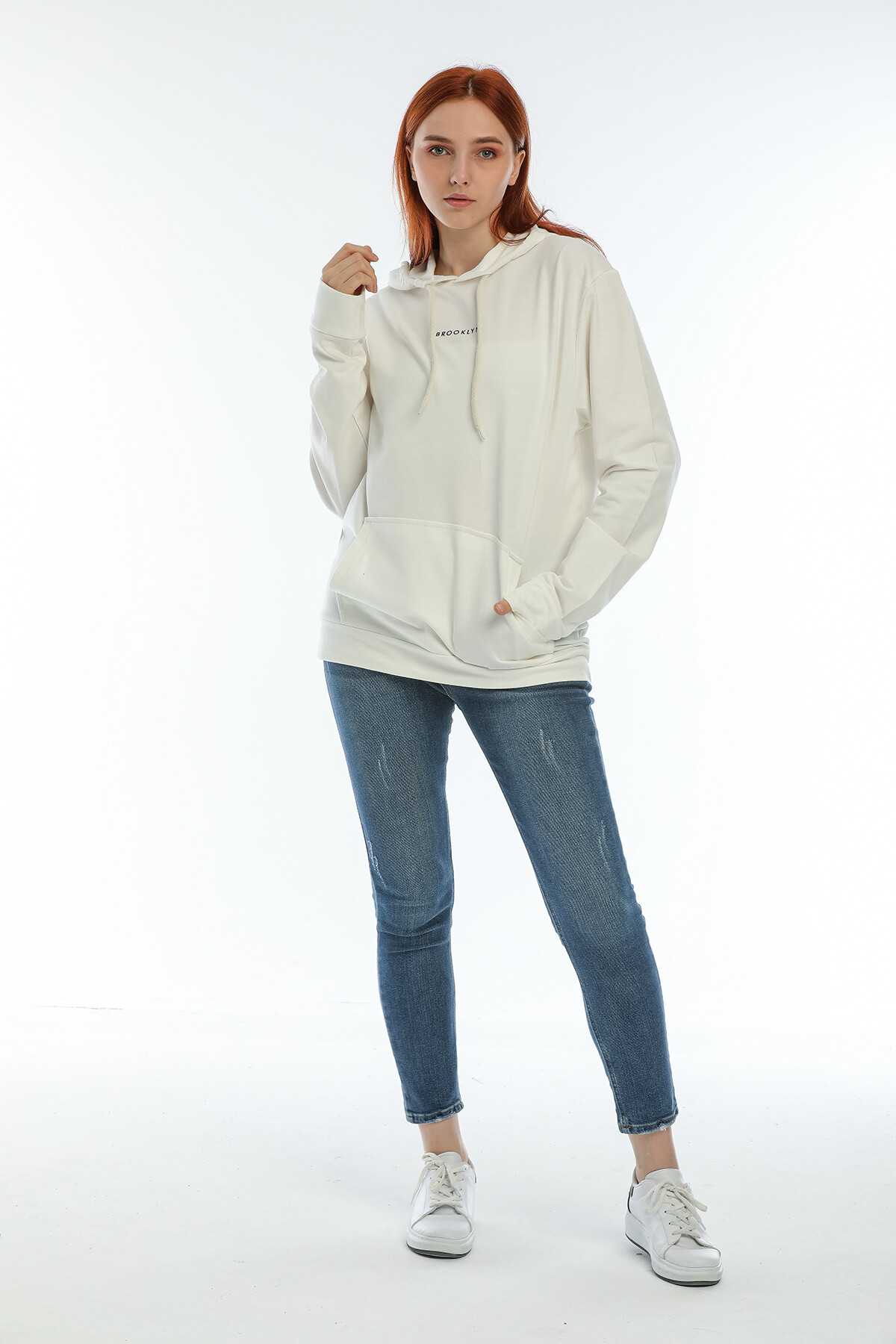 Süperlife Kadın Kapüşonlu Oversize Brooklyn Baskılı İnce Sweatshirt SPR22SWK161