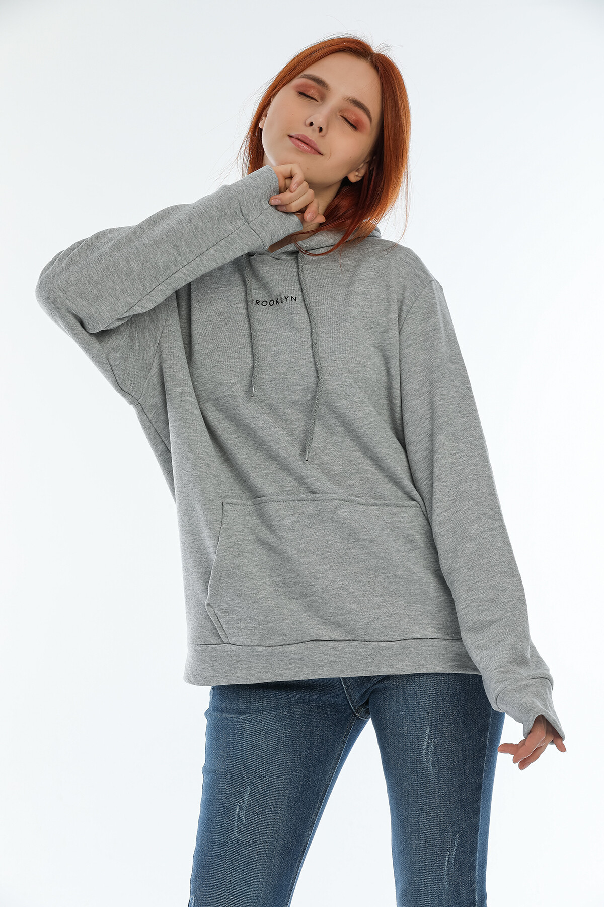 Süperlife Kadın Kapüşonlu Oversize Brooklyn Baskılı İnce Sweatshirt SPR22SWK161
