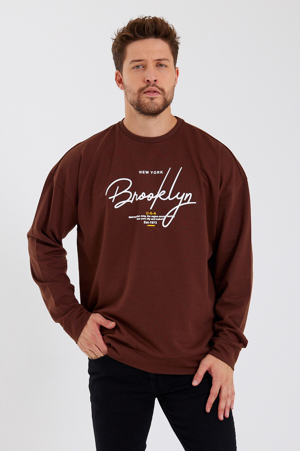 Süperlife Erkek Bisiklet Yaka Regular Fit  El Yazılı Brooklyn İnce Sweatshirt SPR23SW331