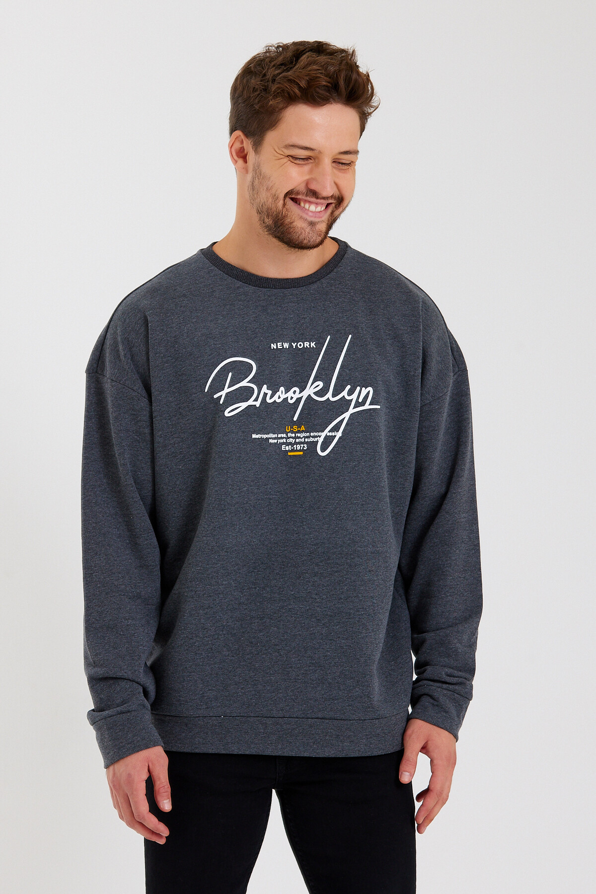 Süperlife Erkek Bisiklet Yaka Regular Fit  El Yazılı Brooklyn İnce Sweatshirt SPR23SW331