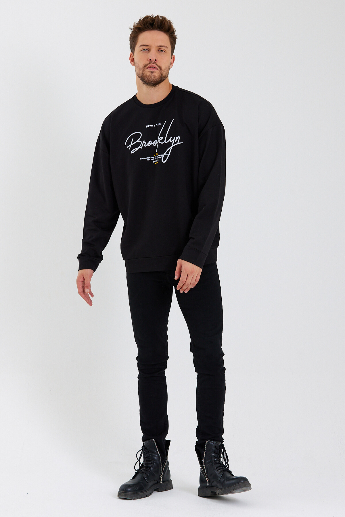 Süperlife Erkek Bisiklet Yaka Regular Fit  El Yazılı Brooklyn İnce Sweatshirt SPR23SW331