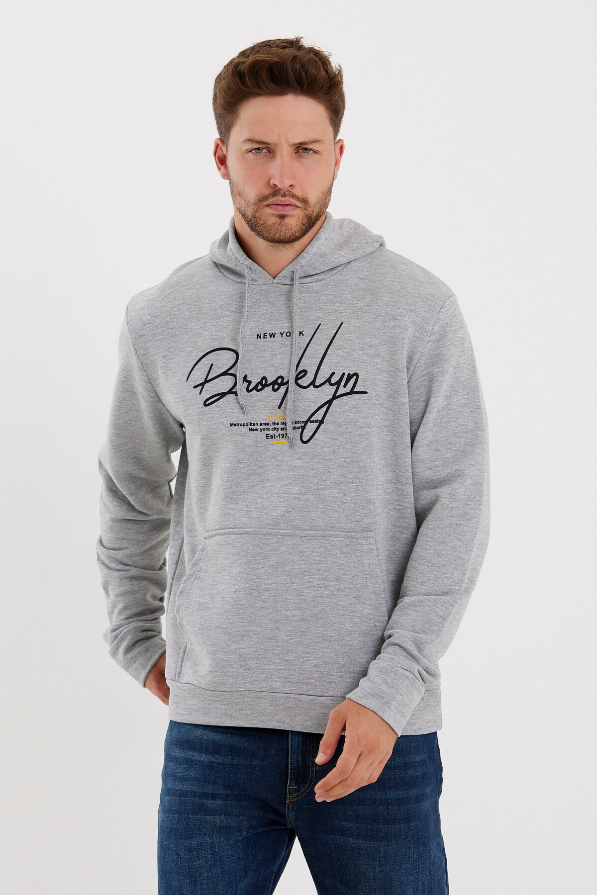 Süperlife Erkek Kapşonlu Regular Fit Brooklyn Baskılı İnce Sweatshirt SPR23SW361