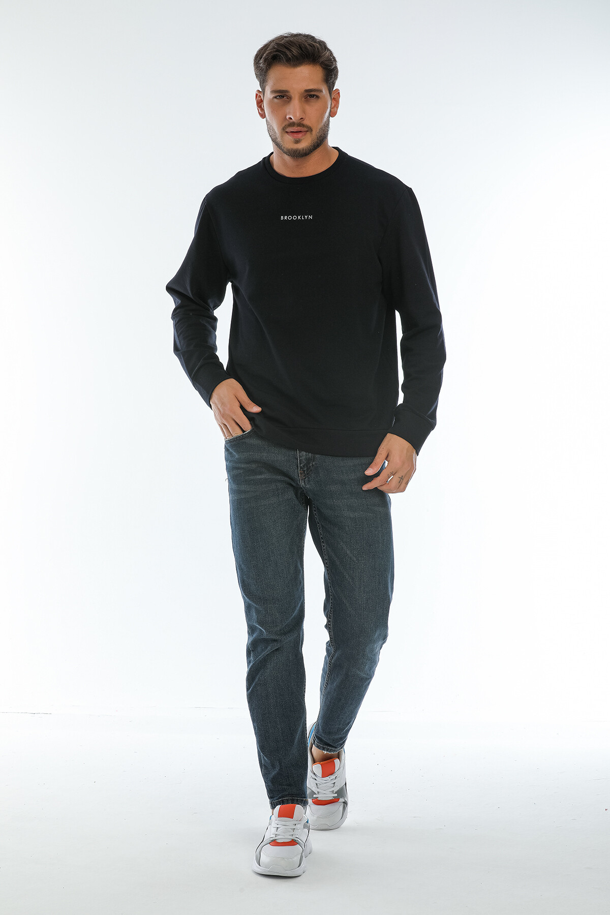 Süperlife Erkek Bisiklet Yaka Regular Fit Brooklyn Baskılı İnce Sweatshirt SPR22SW132