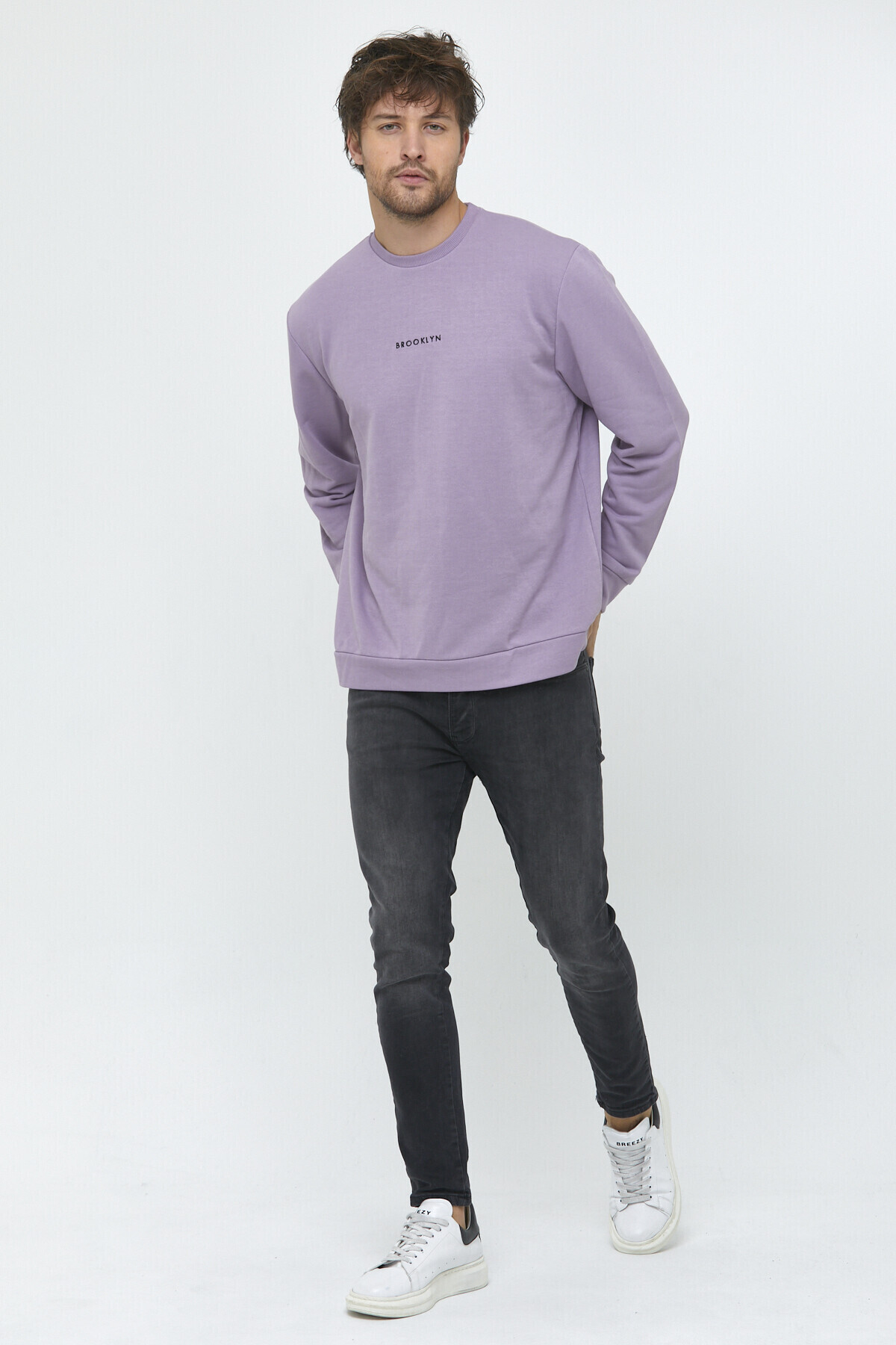 Süperlife Erkek Bisiklet Yaka Regular Fit Brooklyn Baskılı İnce Sweatshirt SPR22SW132